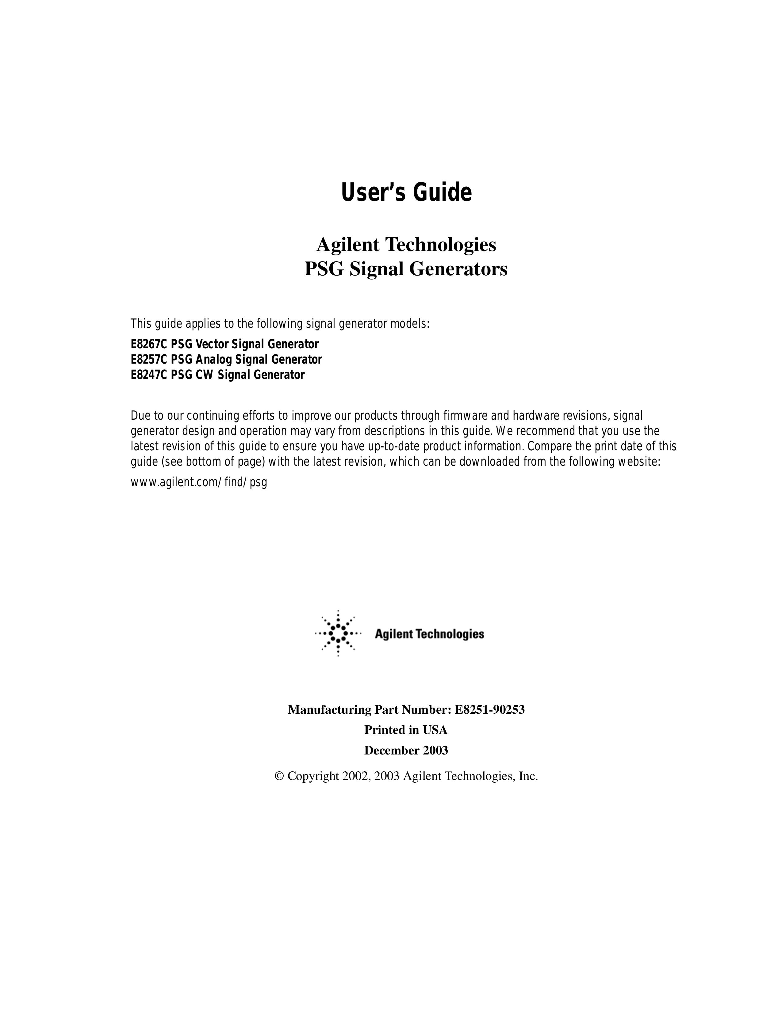 Agilent Technologies E8247C PSG CW Portable Generator User Manual