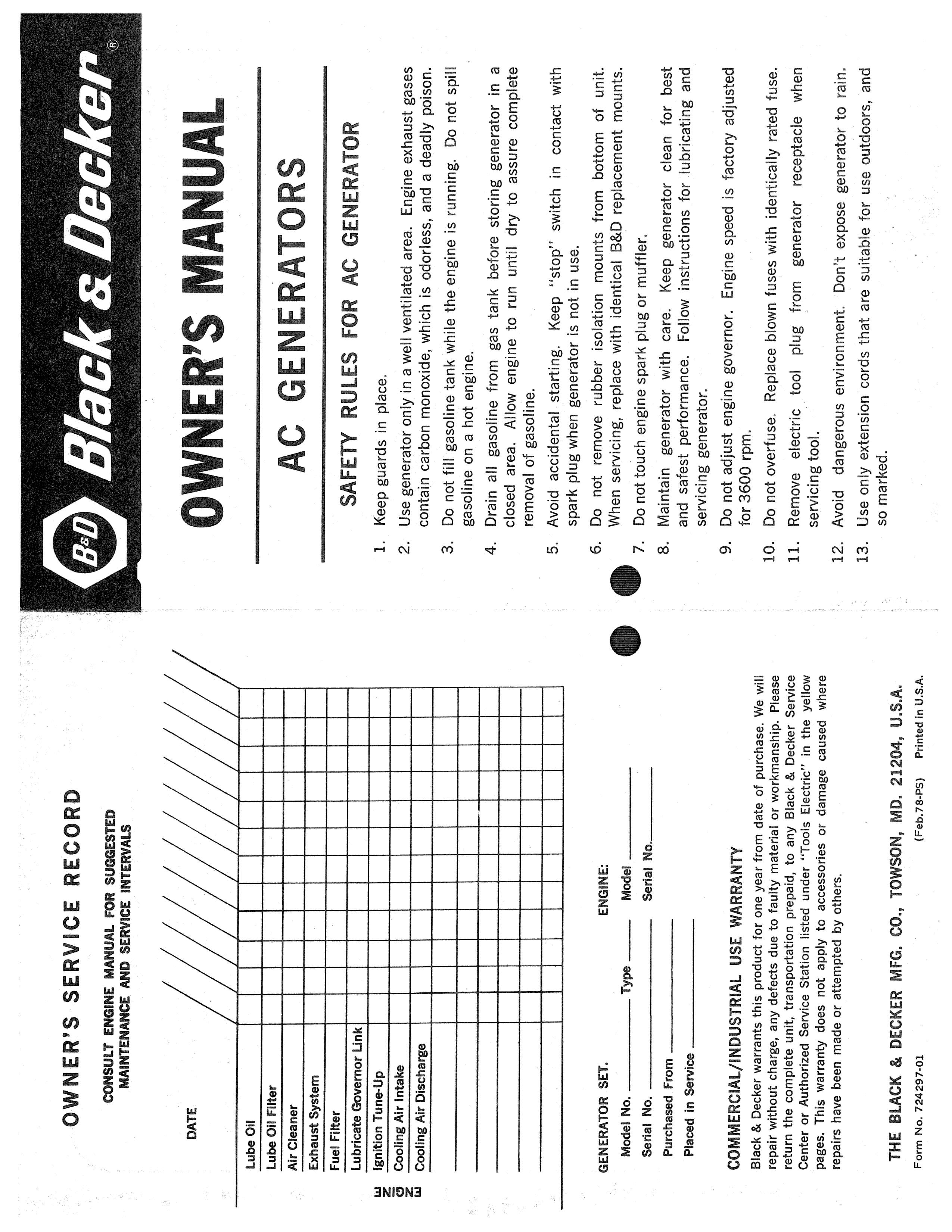 Black & Decker 724297-01 Portable Generator User Manual