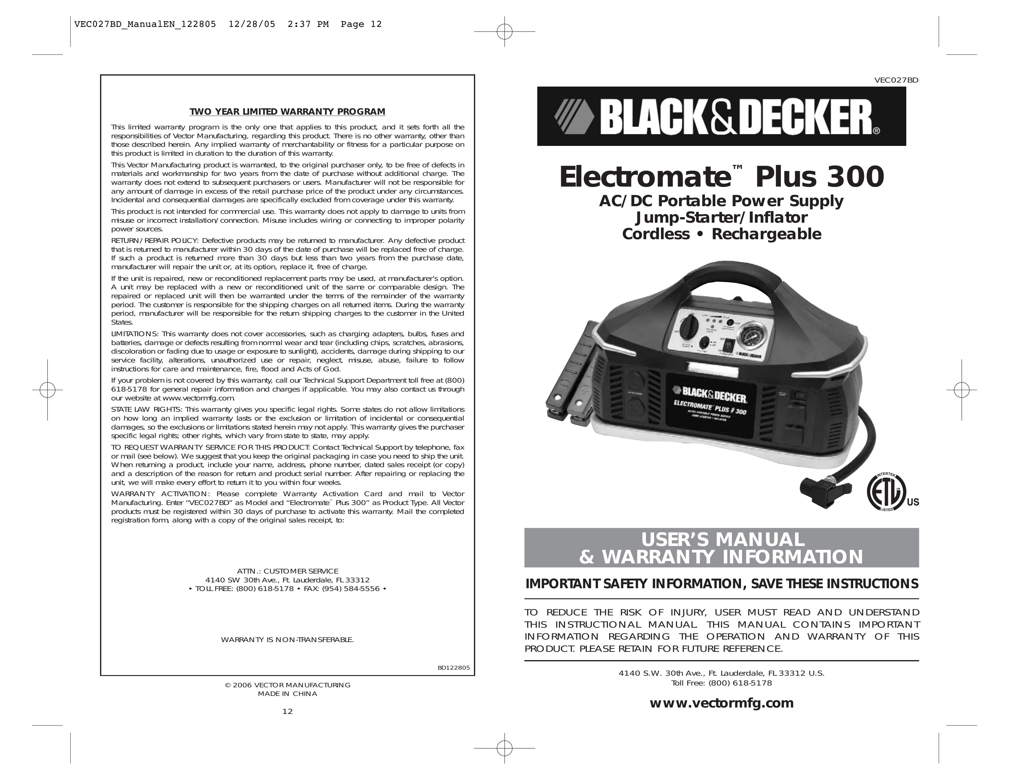 Black & Decker VEC027BD Portable Generator User Manual
