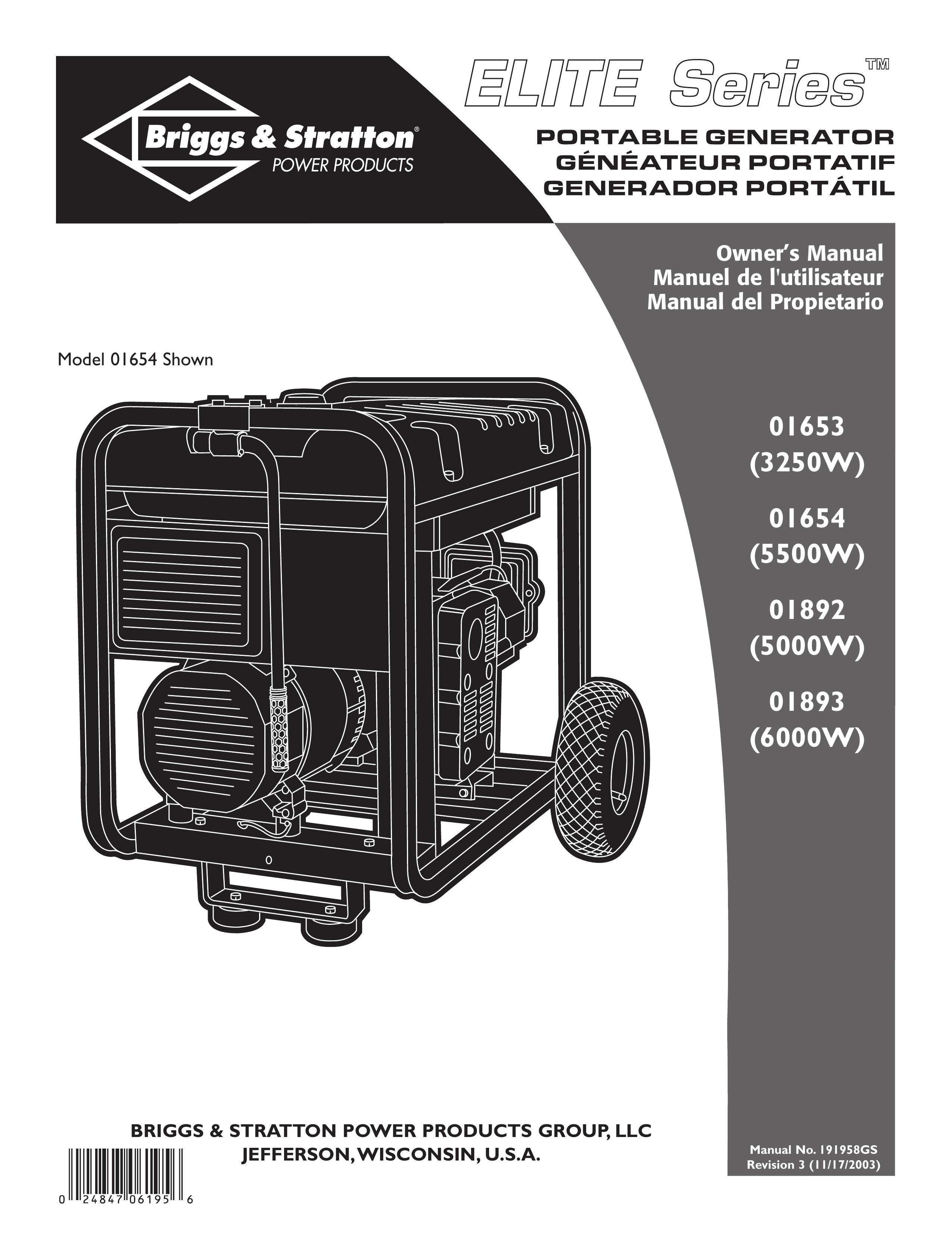Briggs & Stratton 01654, 01653, 01892, 01893 Portable Generator User Manual