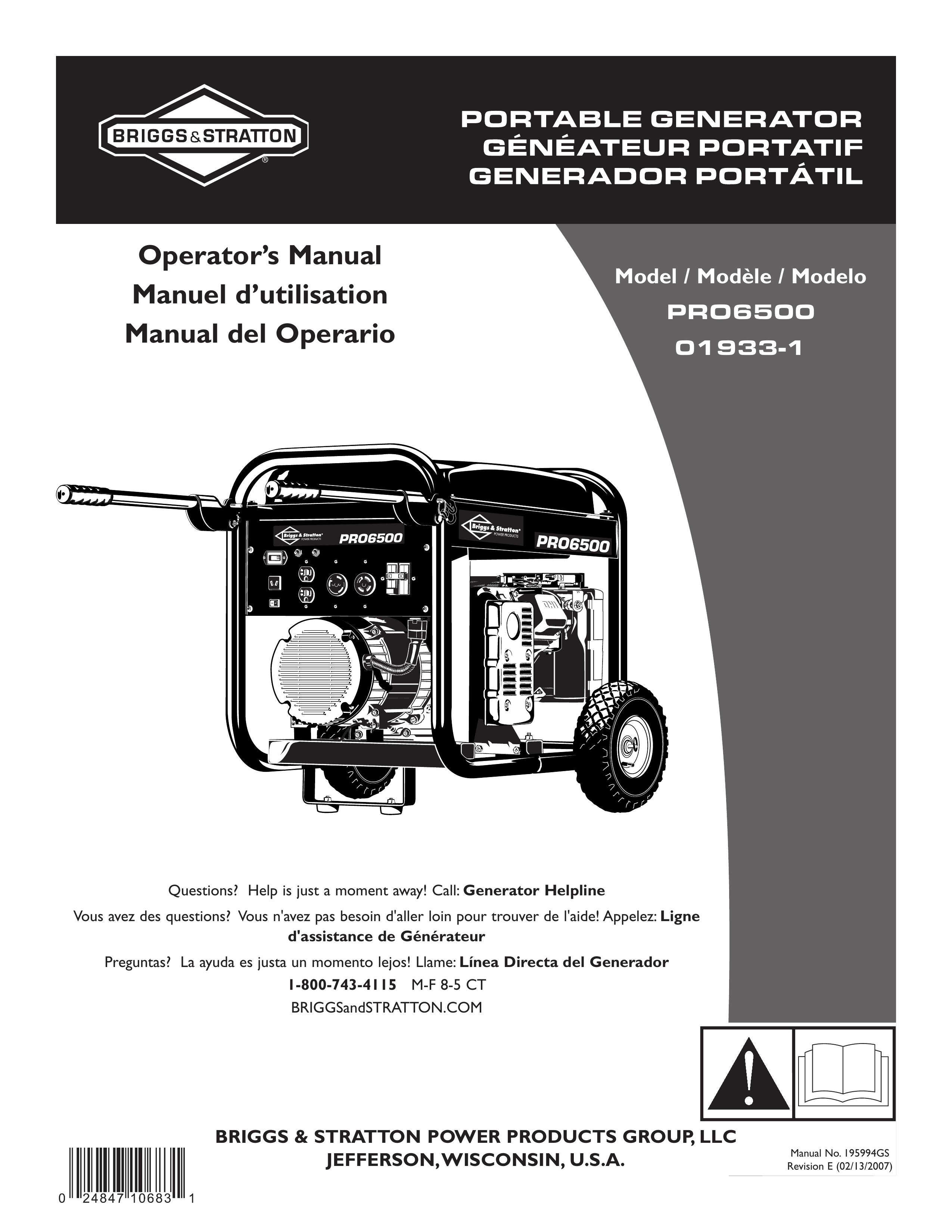 Briggs & Stratton 01933-1 Portable Generator User Manual