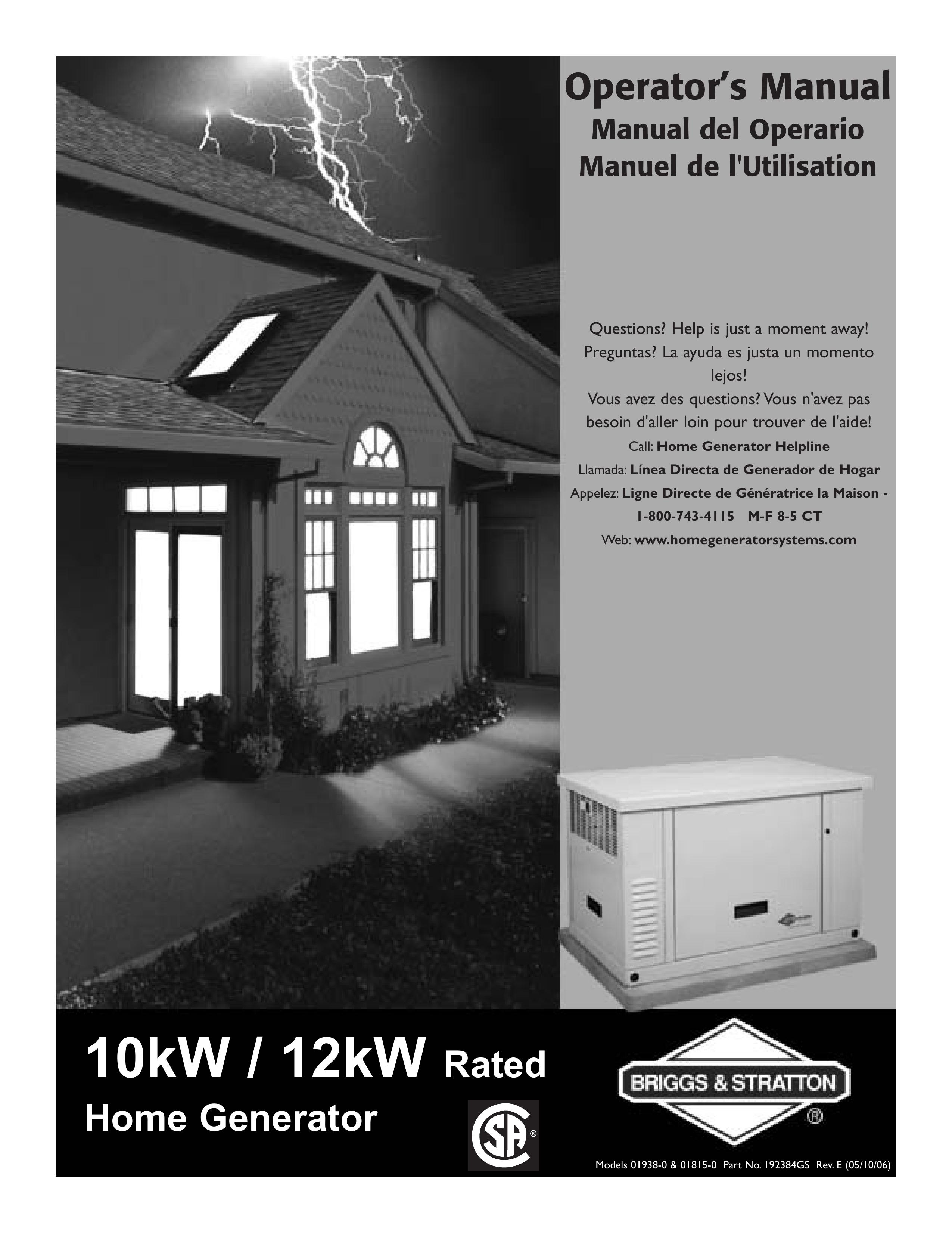 Briggs & Stratton 01938-0 & 01815-0 Portable Generator User Manual
