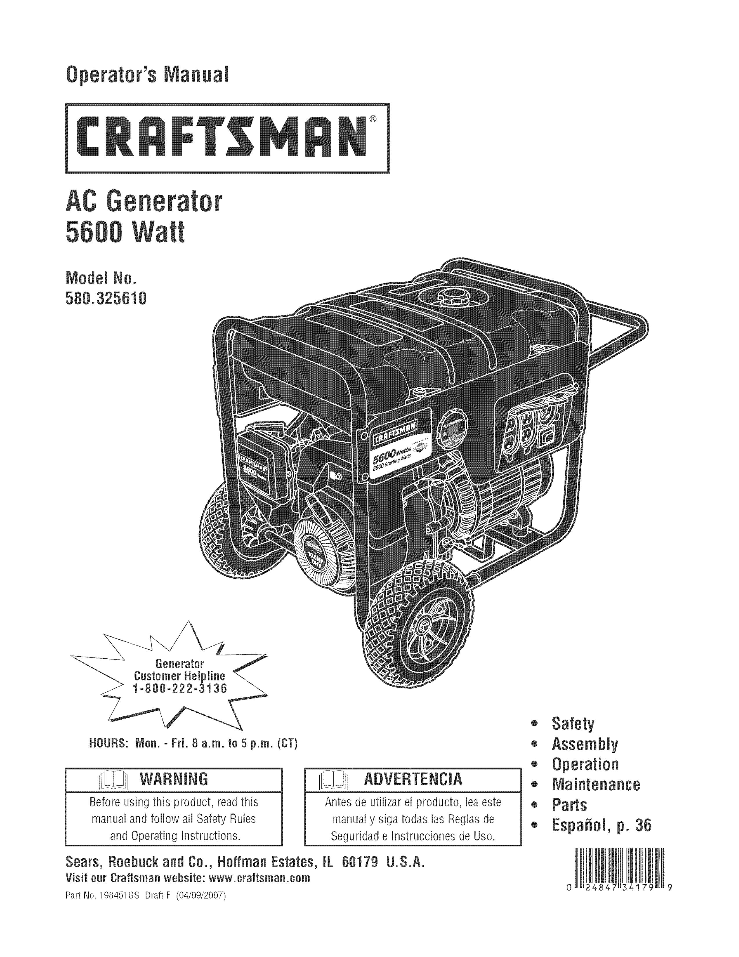 Craftsman 580.32561 Portable Generator User Manual