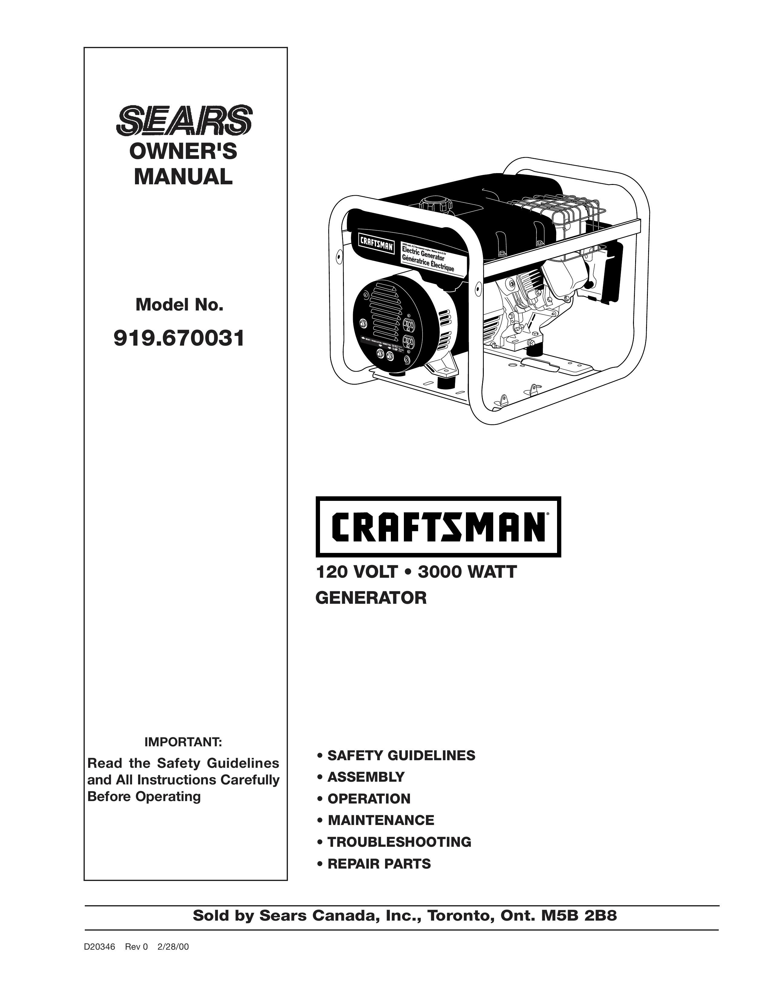 Craftsman D20346 Portable Generator User Manual