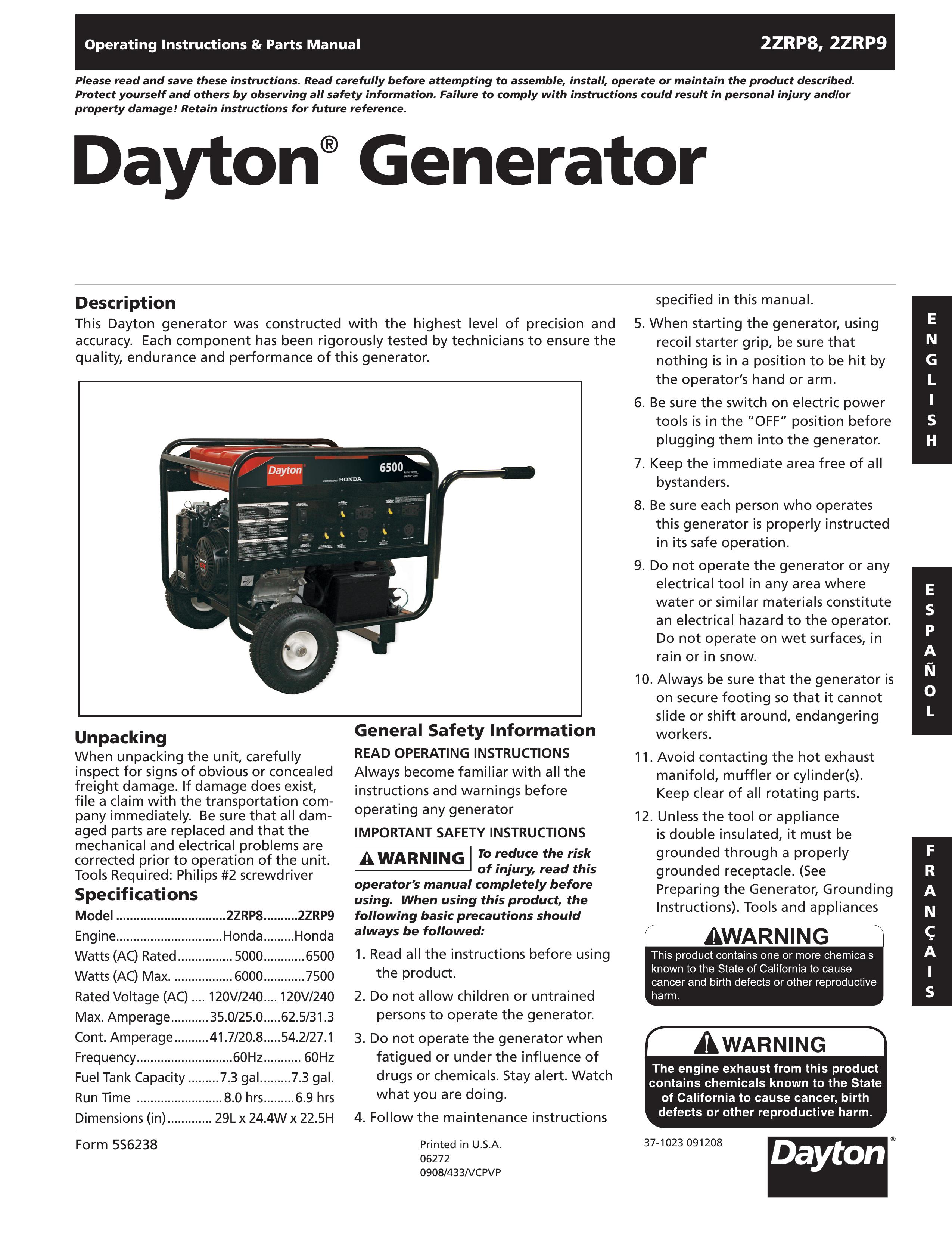 Dayton 2ZRP8 Portable Generator User Manual