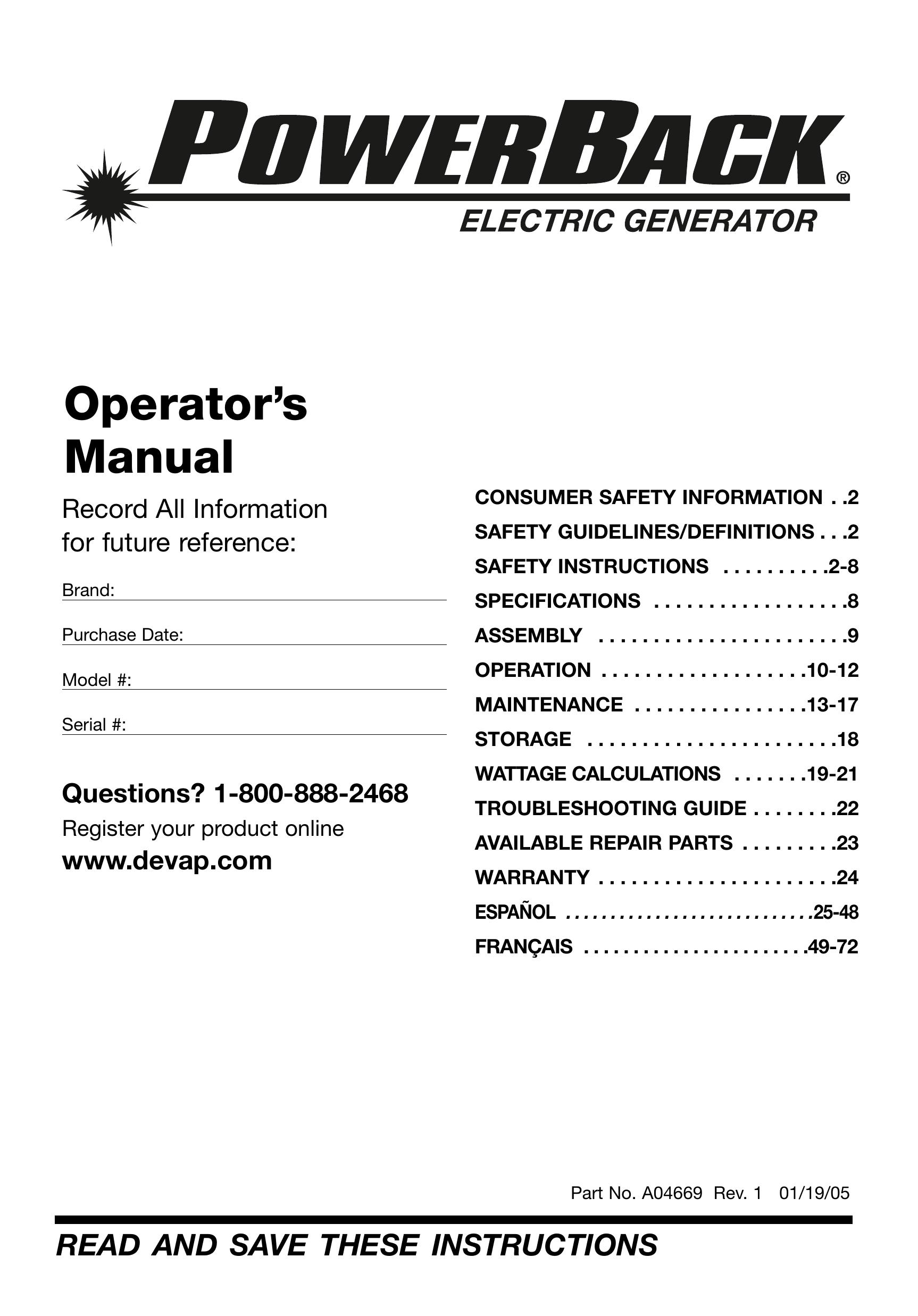 DeVillbiss Air Power Company A04669 Portable Generator User Manual