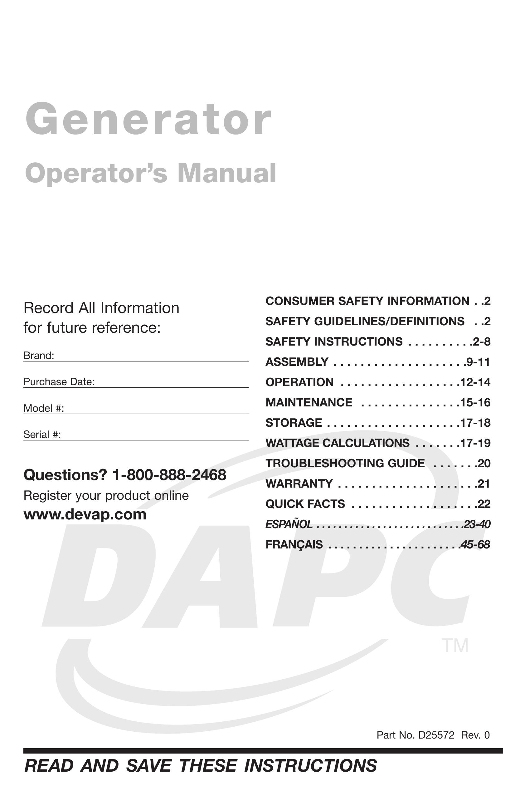 DeVillbiss Air Power Company D25572 Portable Generator User Manual