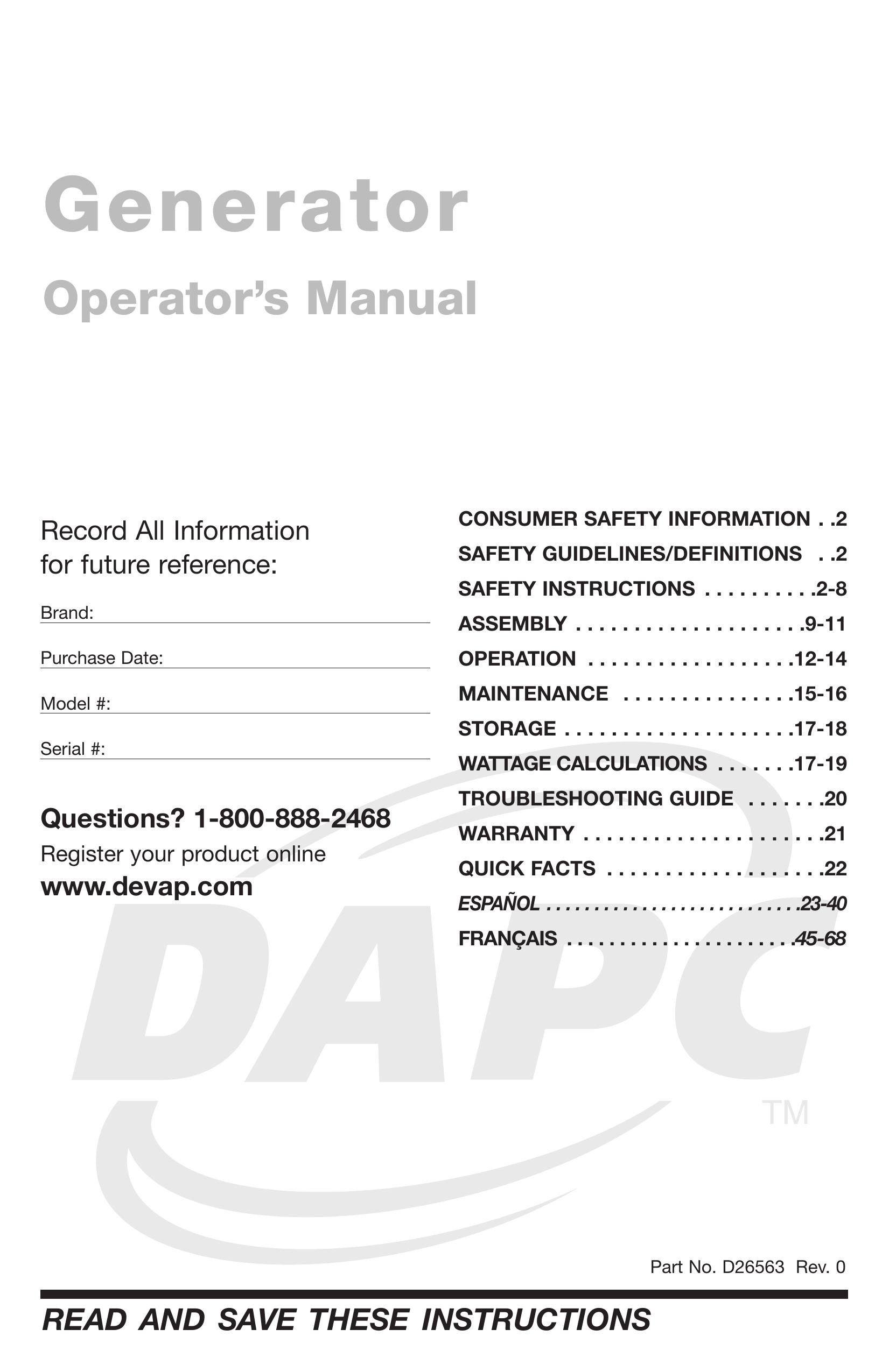 DeVillbiss Air Power Company D26563 Portable Generator User Manual
