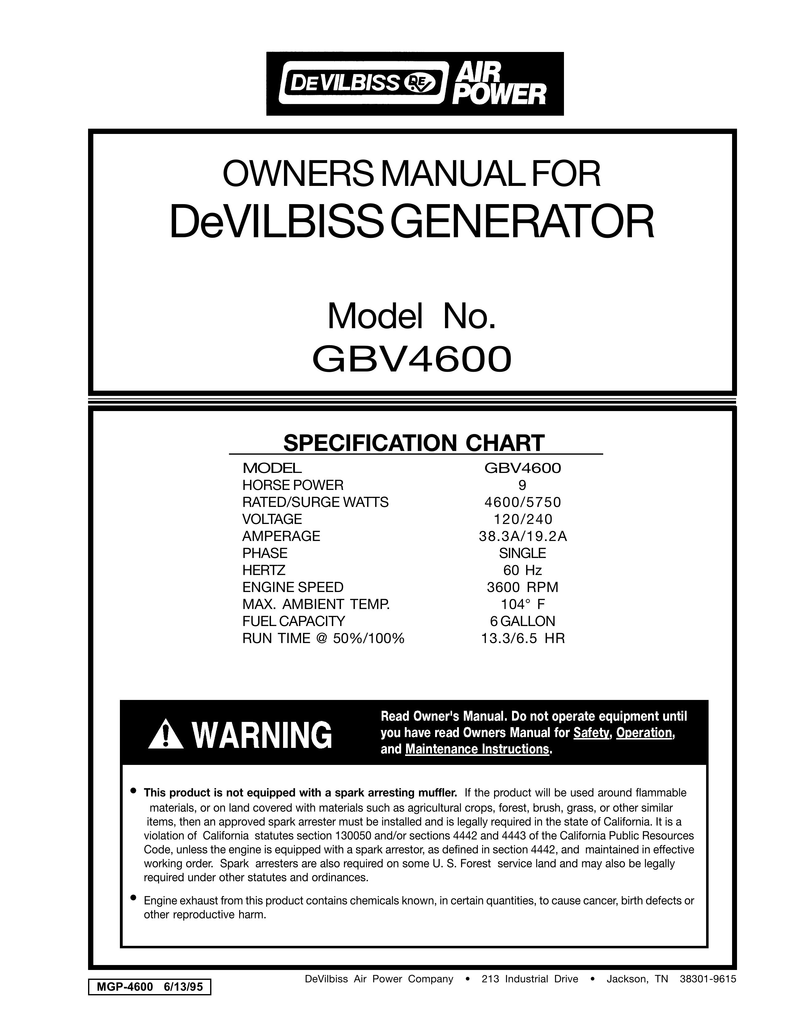 DeVillbiss Air Power Company MGP-4600 Portable Generator User Manual