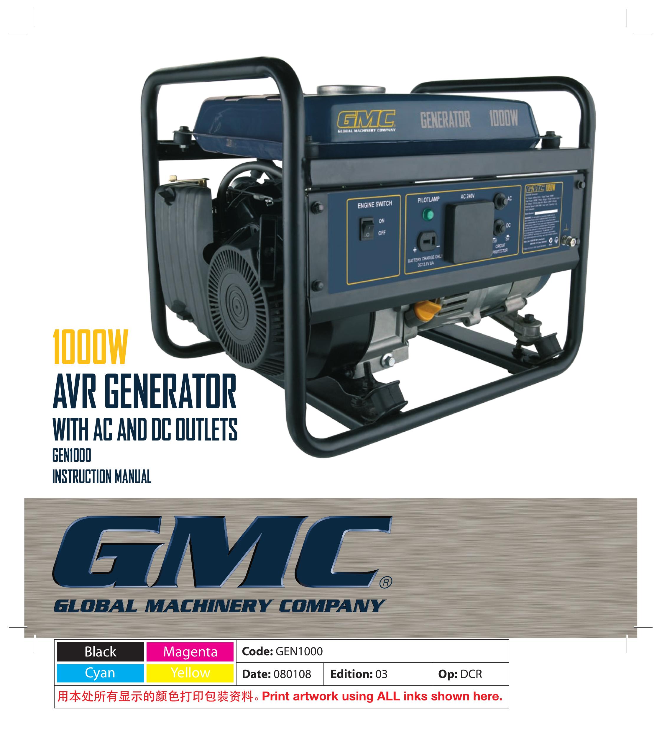 Global Machinery Company GEN1000 Portable Generator User Manual