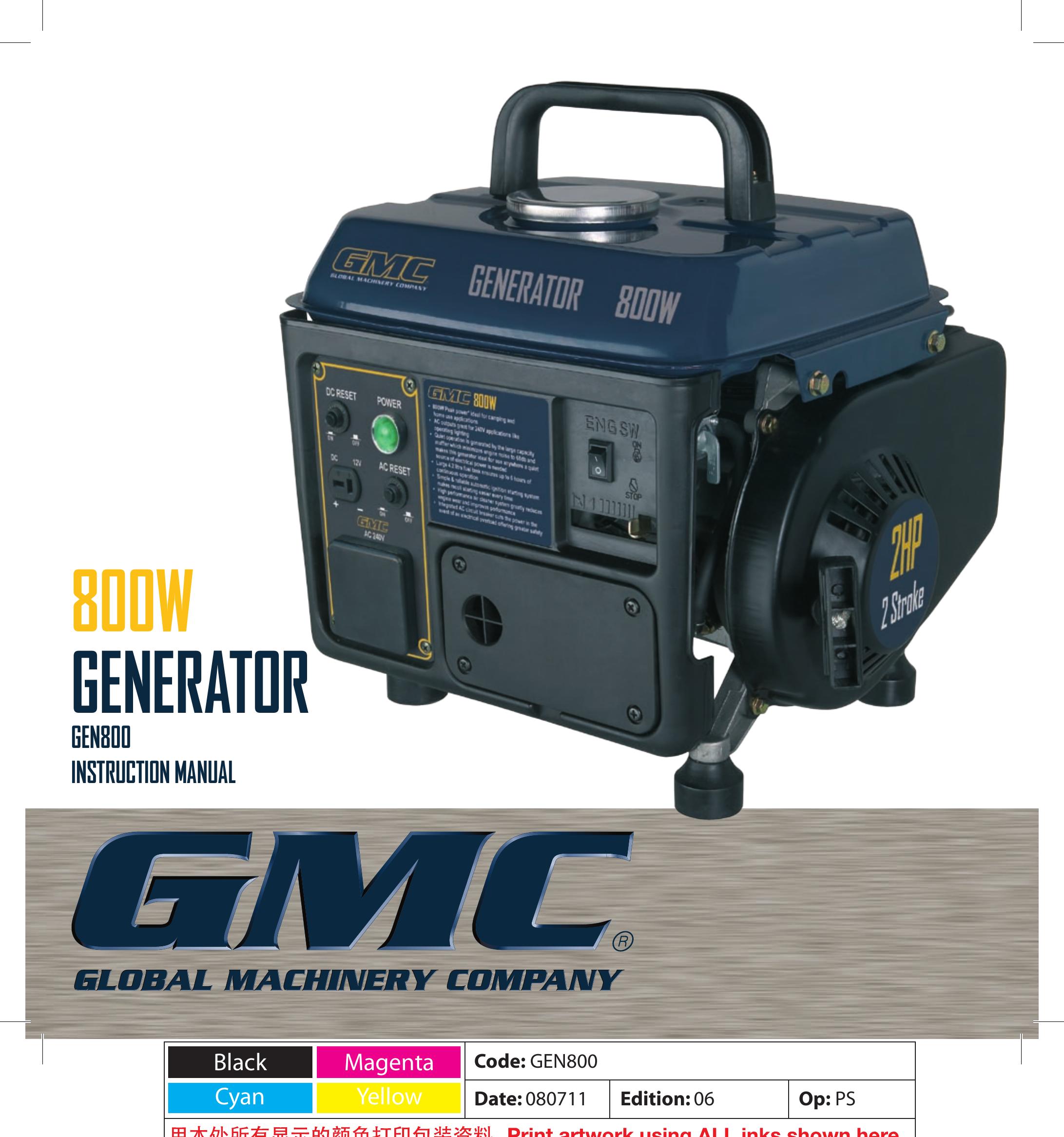 Global Machinery Company GEN800 Portable Generator User Manual
