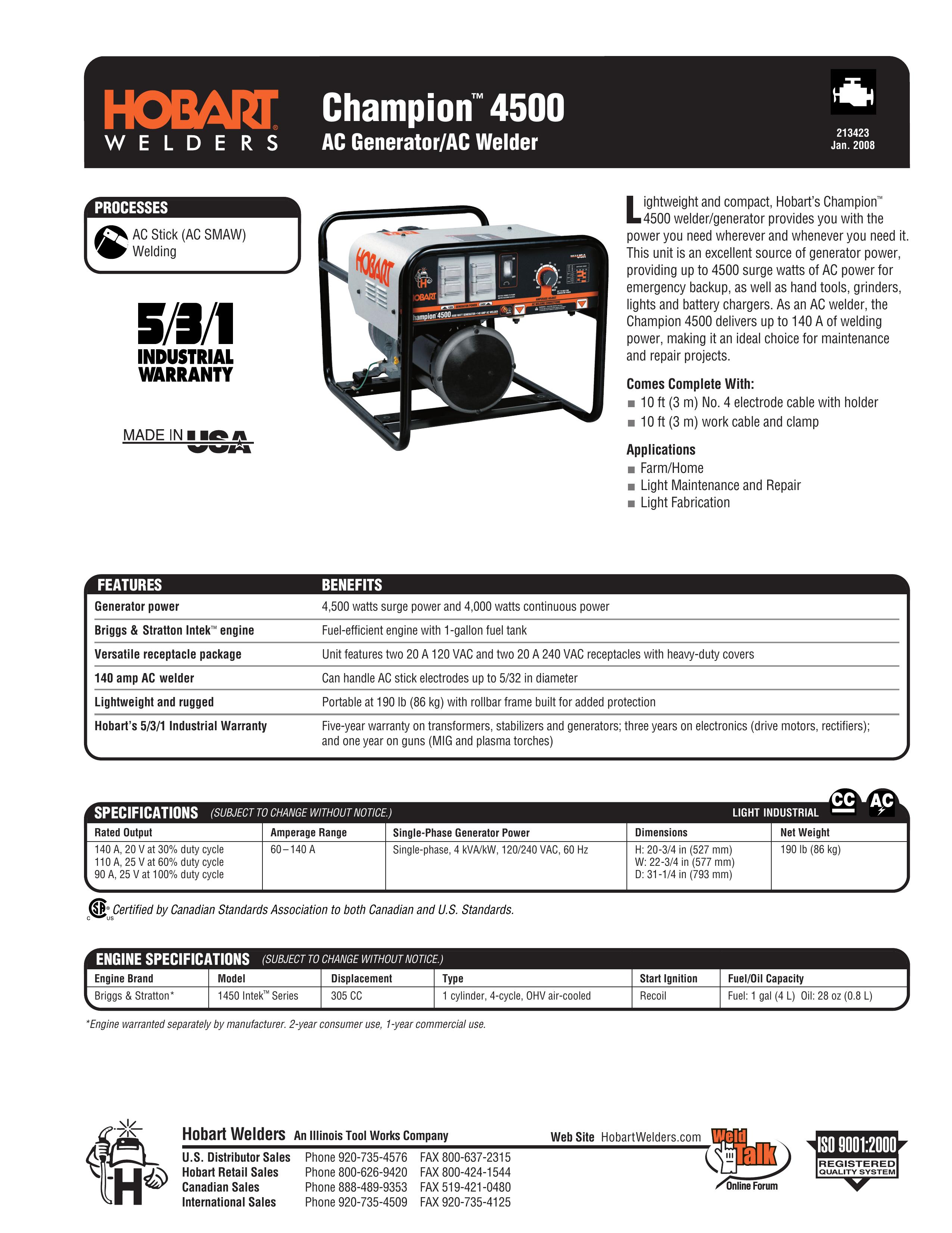 Hobart Welding Products Champion 4500 Portable Generator User Manual