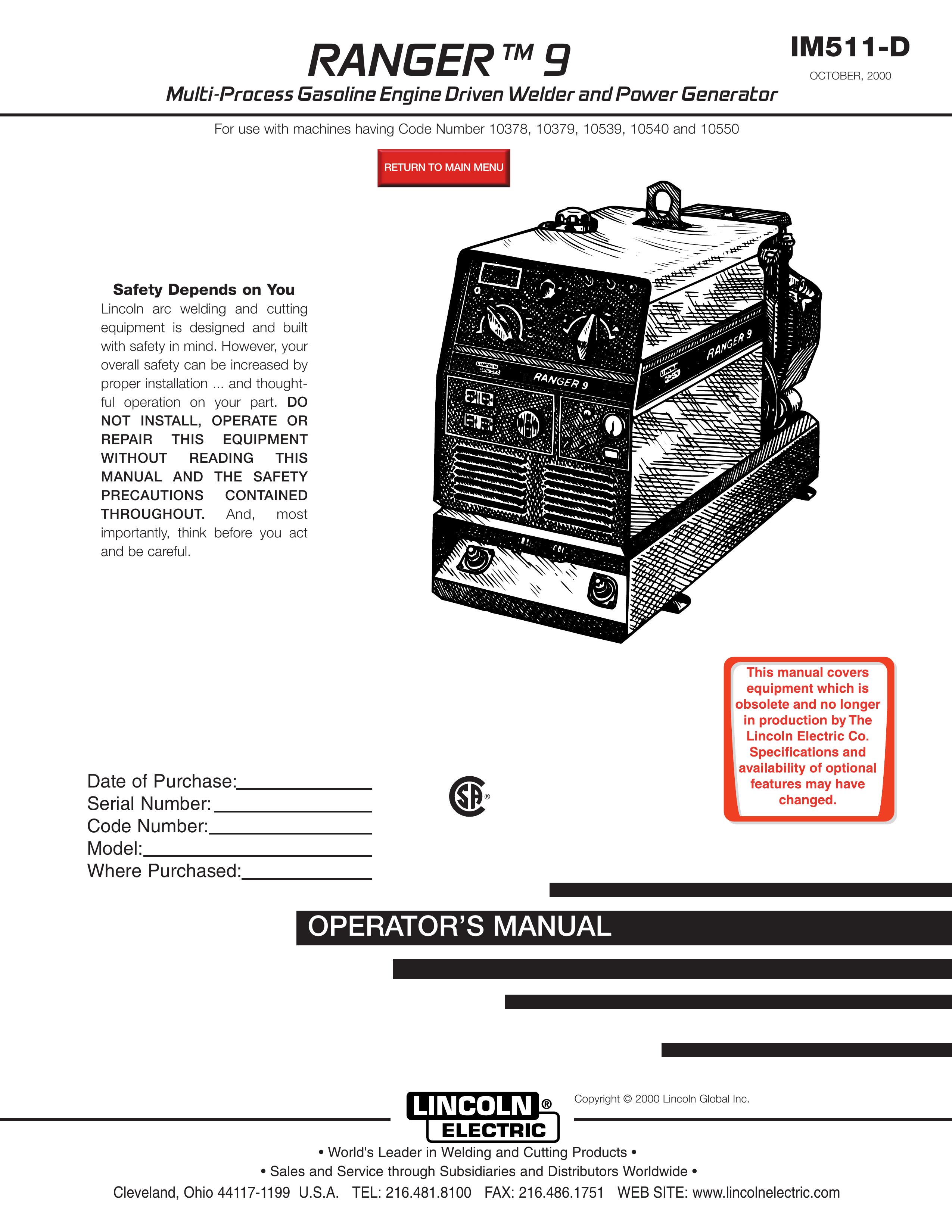 Lincoln Electric IM511-D Portable Generator User Manual
