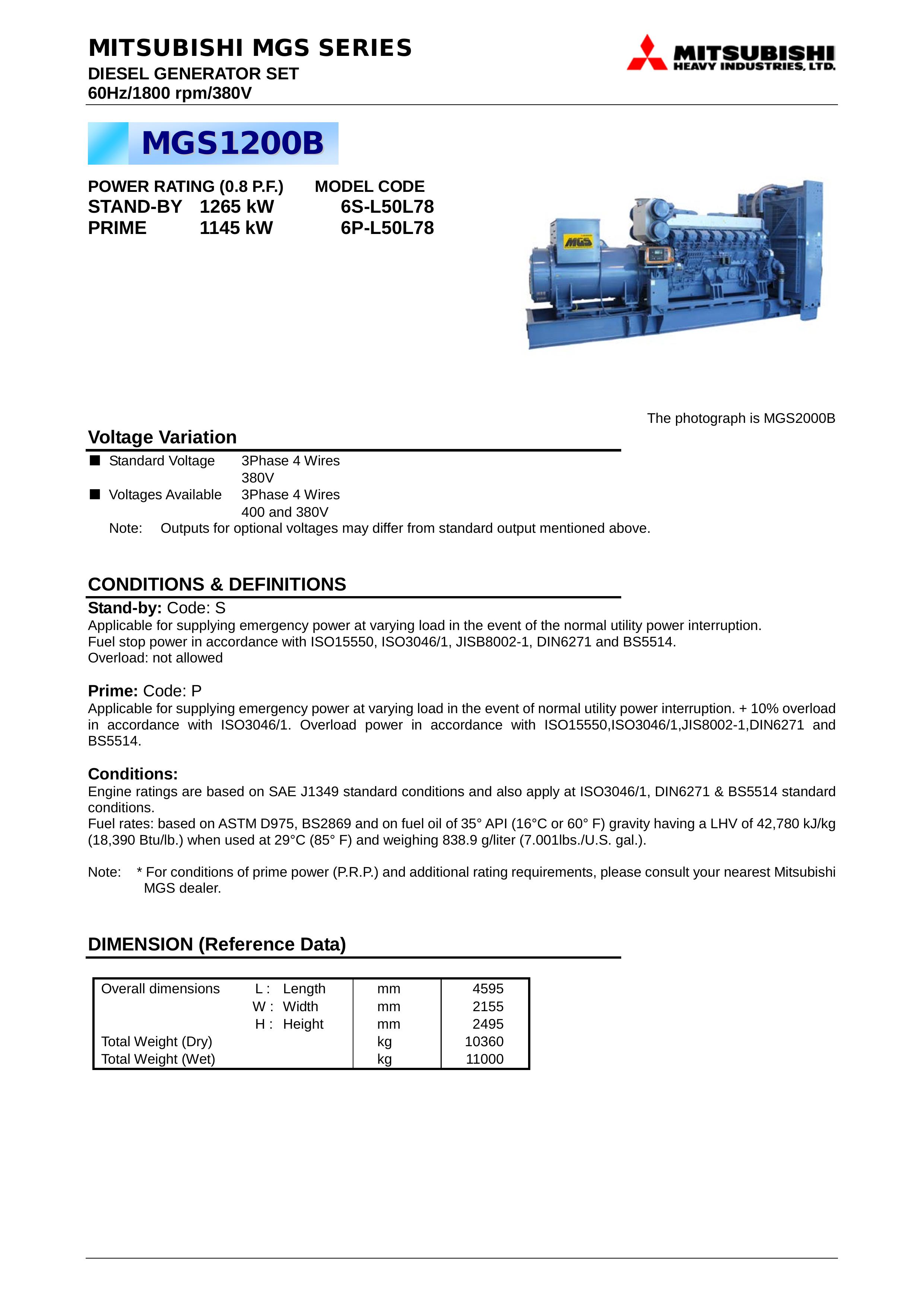 Mitsubishi Electronics MGS2000B Portable Generator User Manual