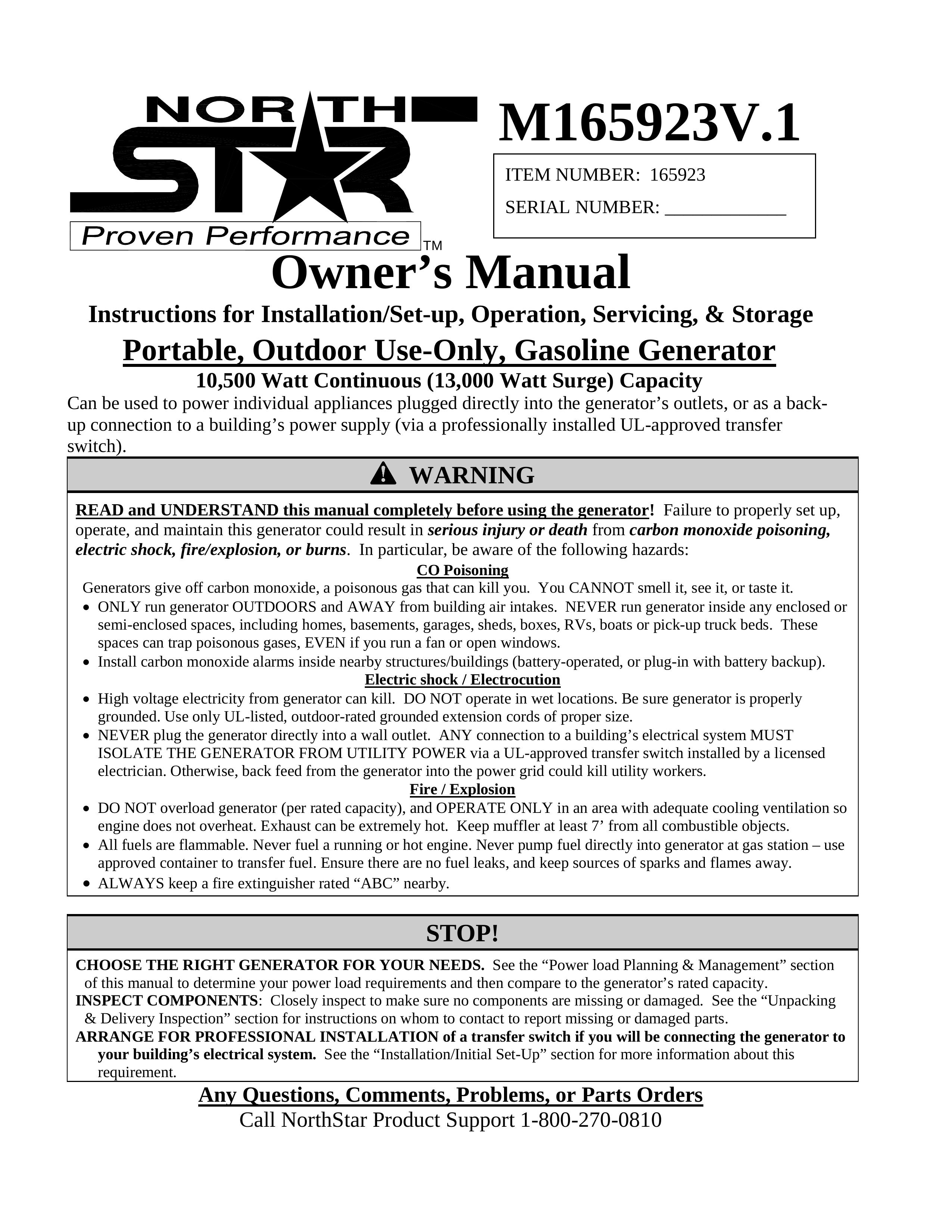 North Star M165923V.1 Portable Generator User Manual