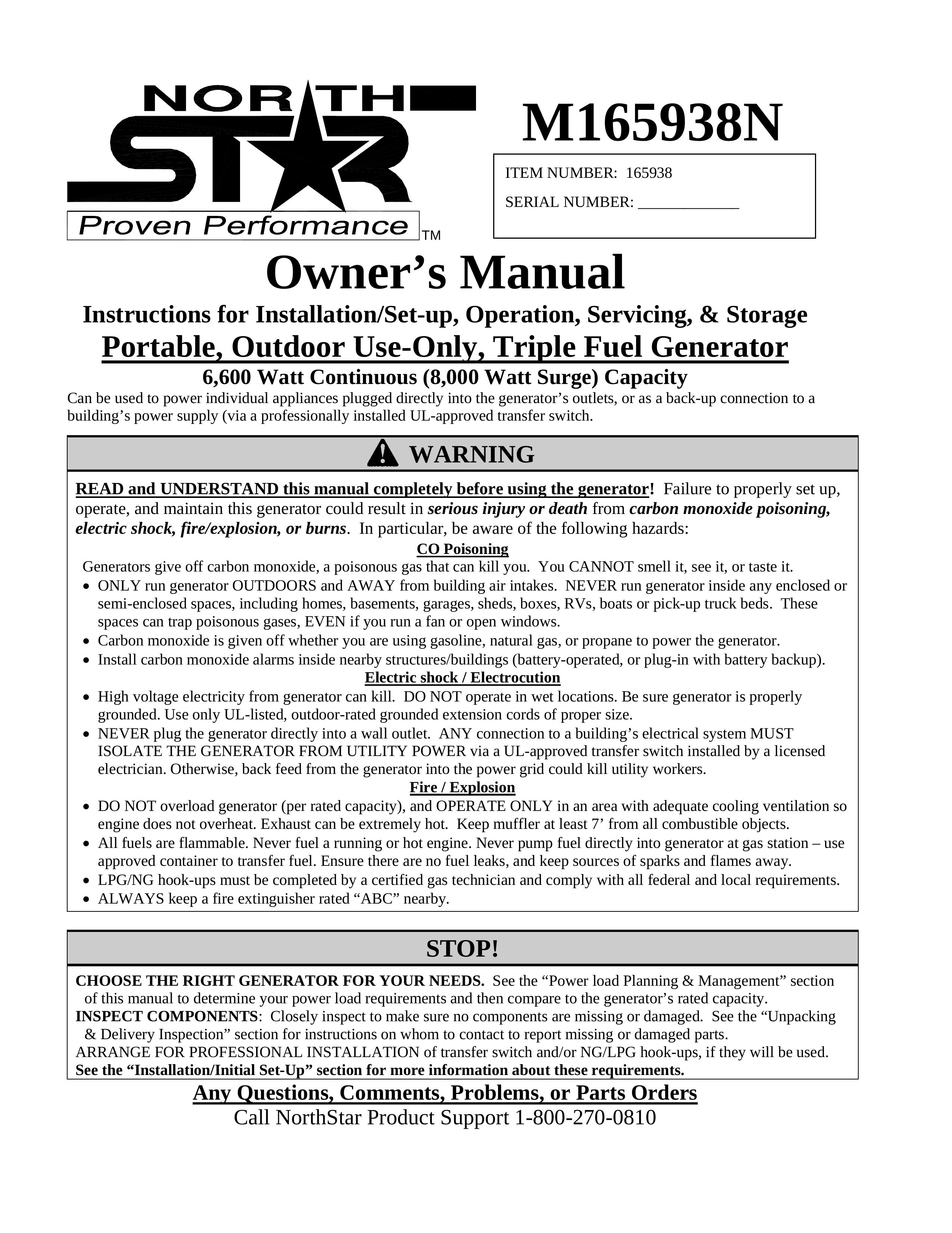 North Star M165938N Portable Generator User Manual