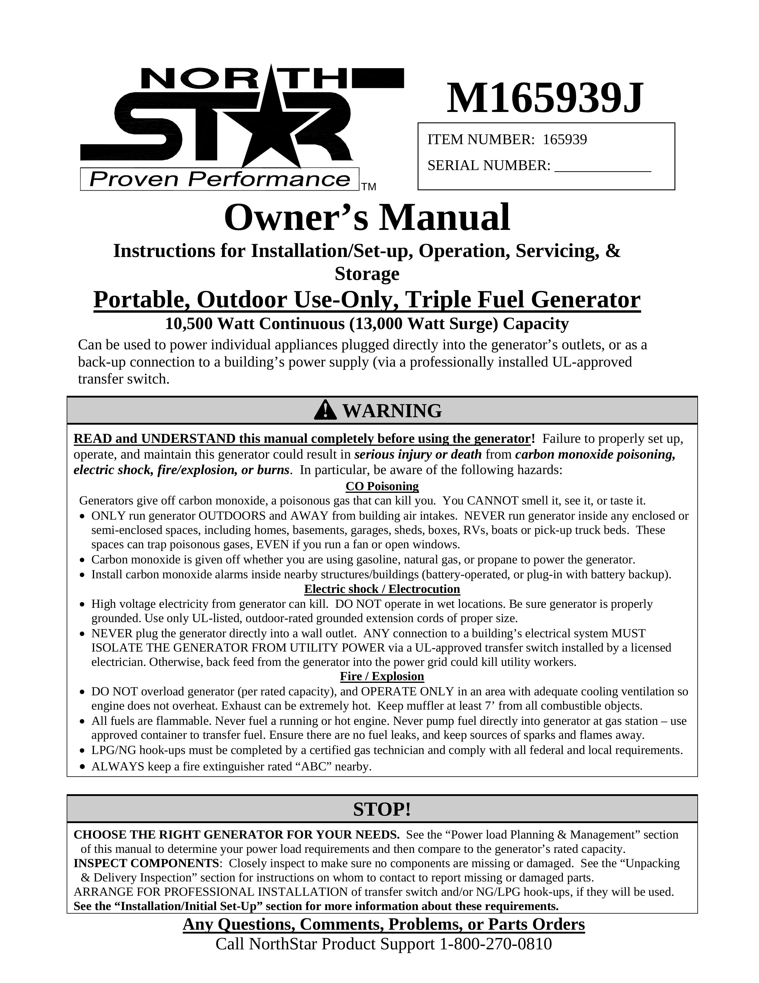 North Star M165939J Portable Generator User Manual