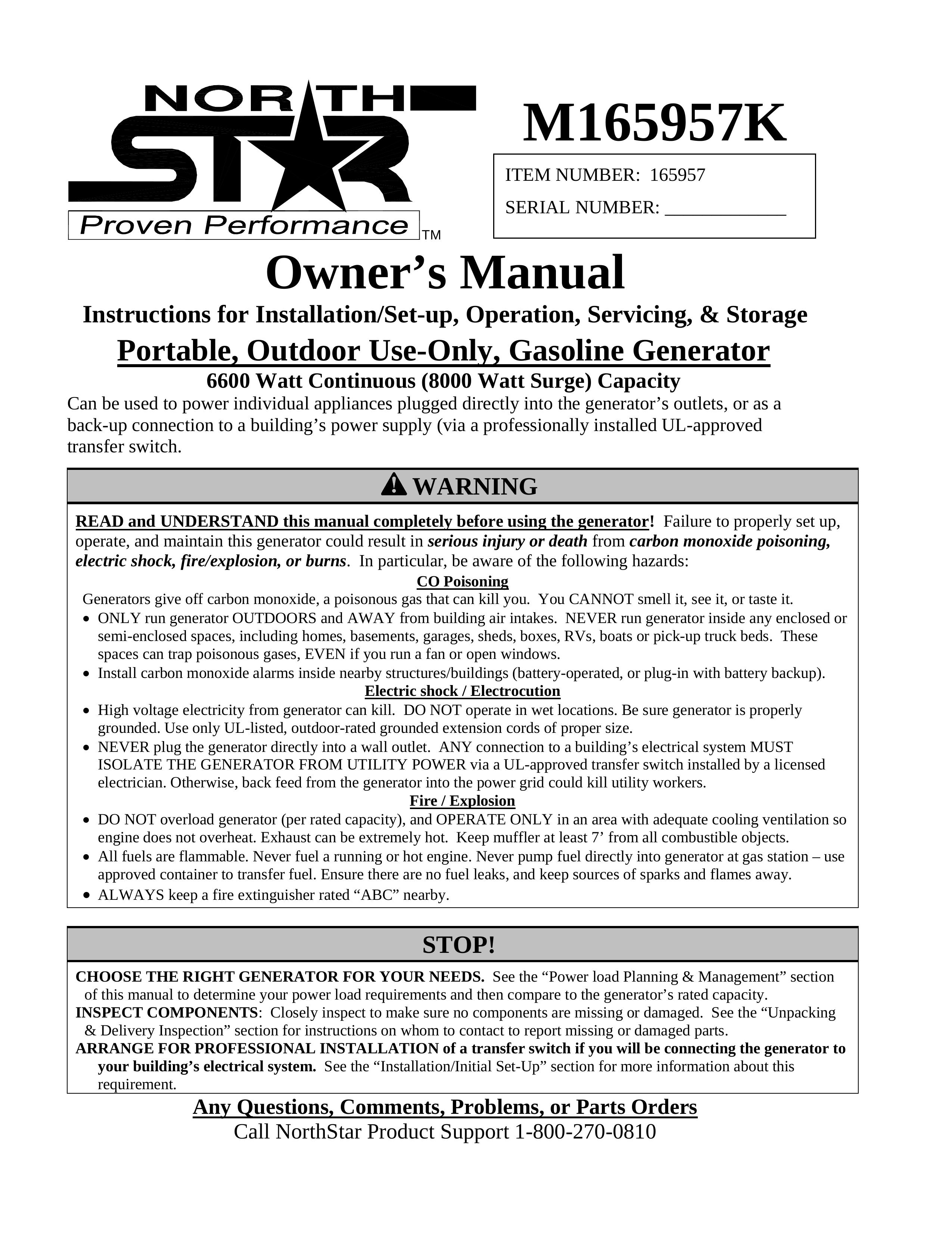 North Star M165957K Portable Generator User Manual