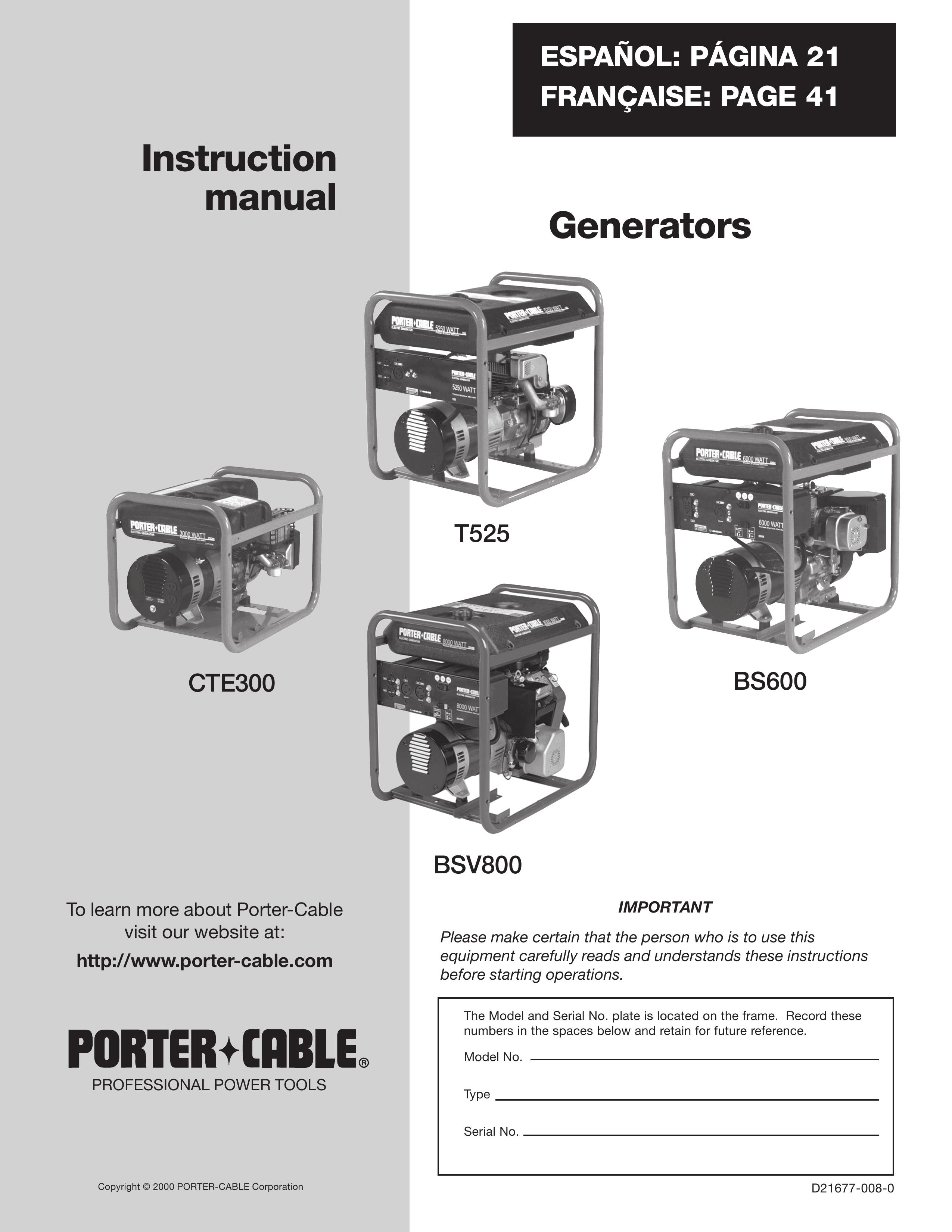 Porter-Cable BS600 Portable Generator User Manual