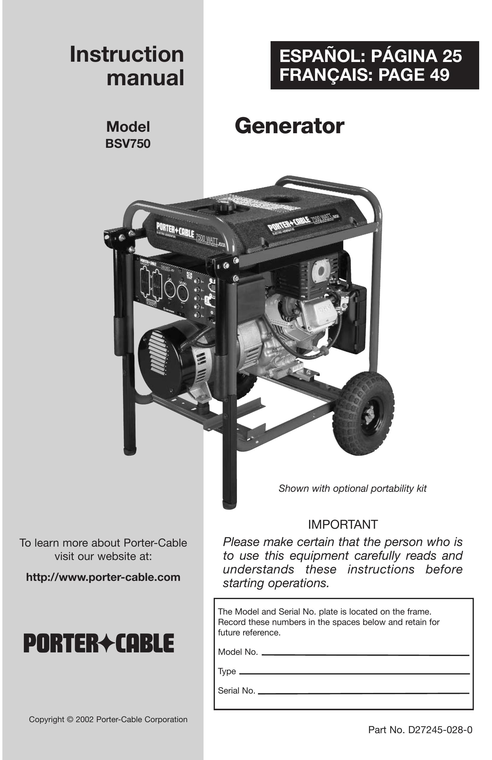 Porter-Cable D27245-028-0 Portable Generator User Manual