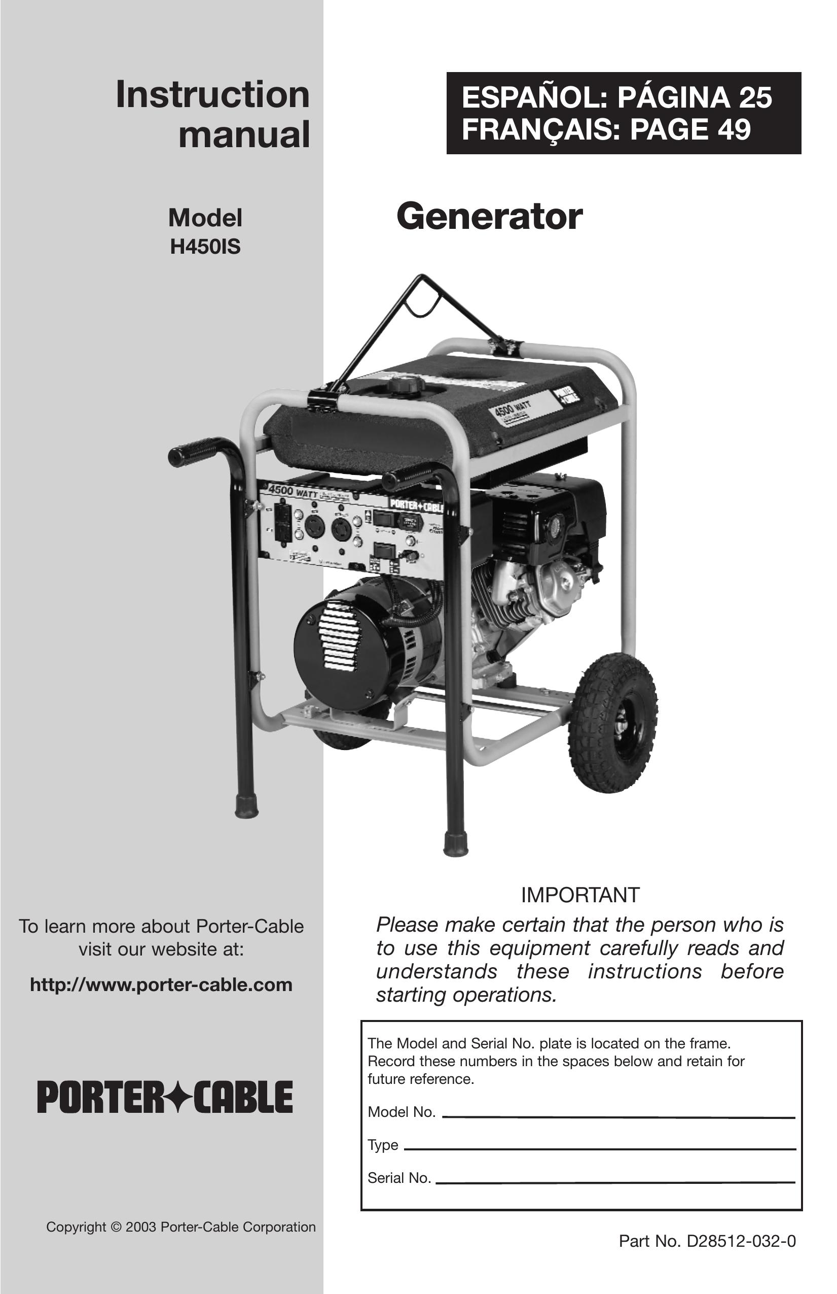 Porter-Cable H450IS Portable Generator User Manual