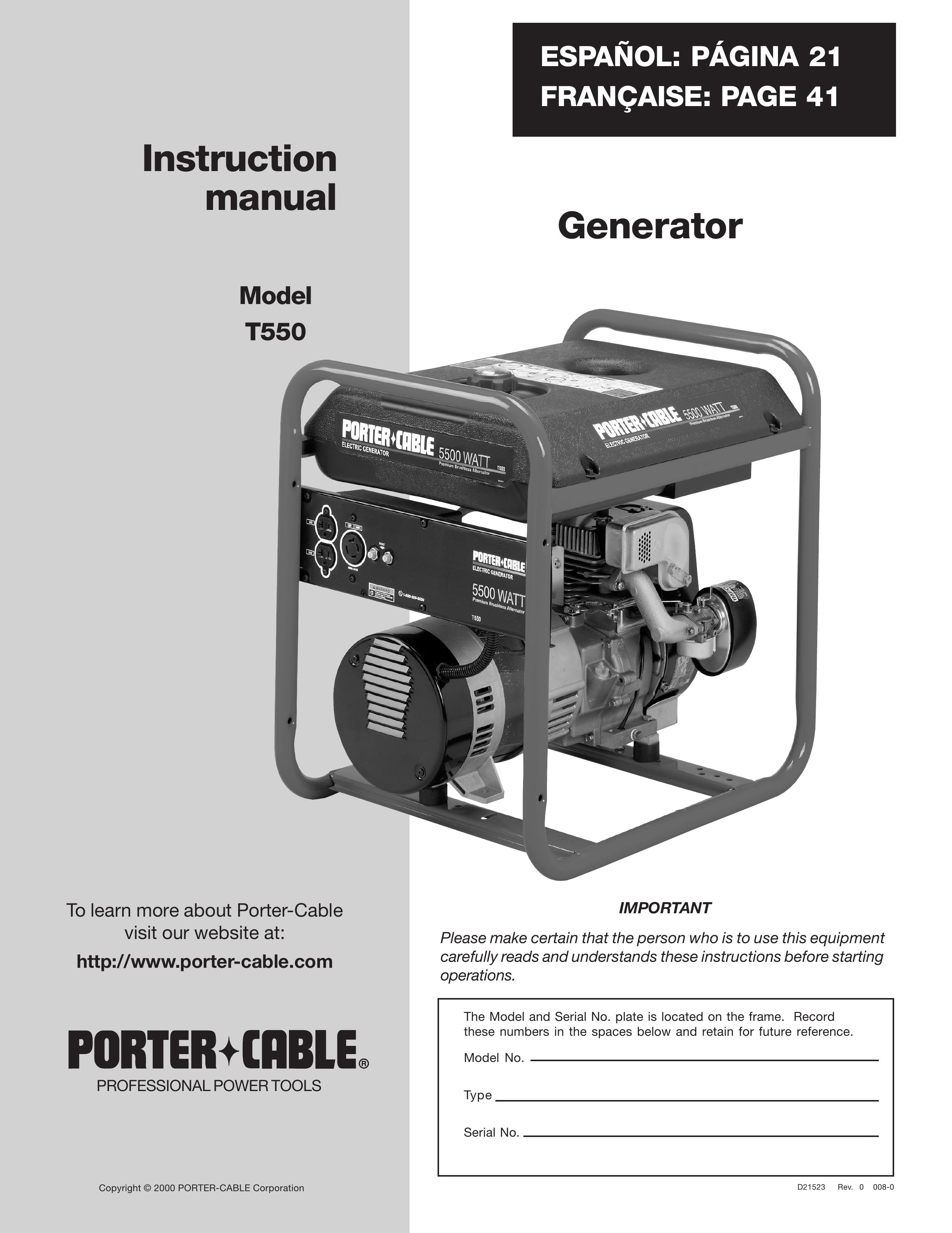 Porter-Cable T550 Portable Generator User Manual