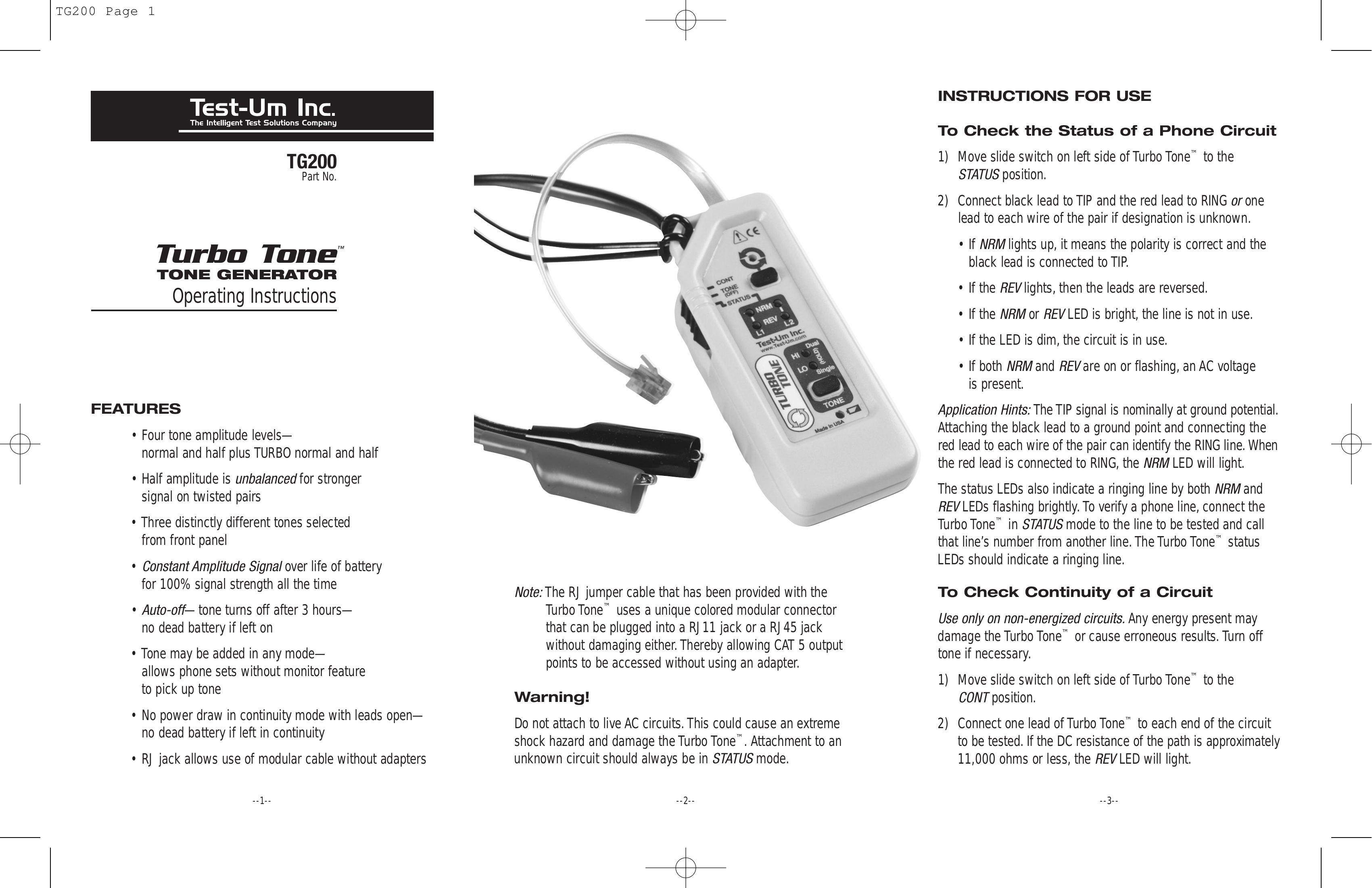 Test-Um TG200 Portable Generator User Manual