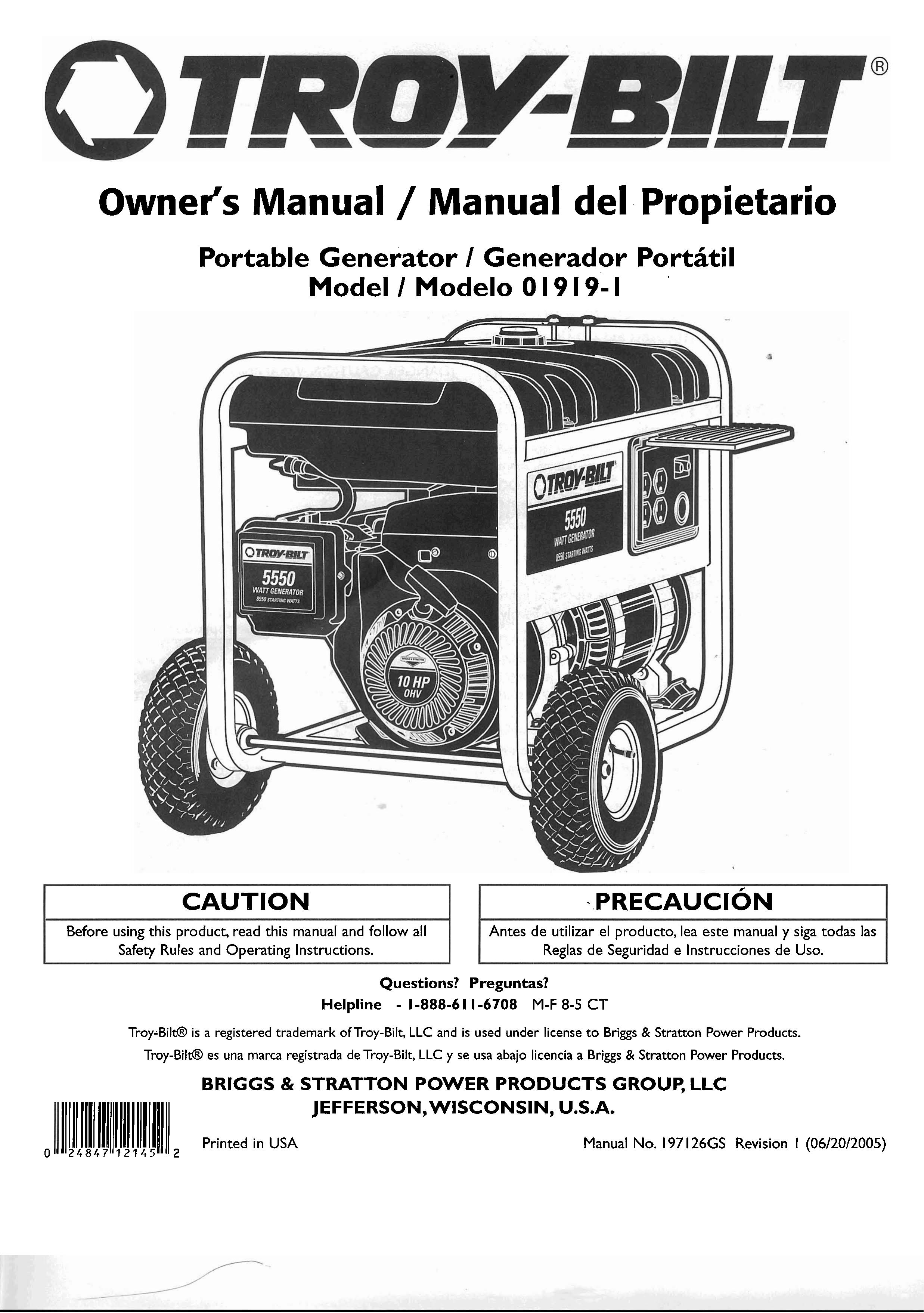Troy-Bilt 01919-1 Portable Generator User Manual