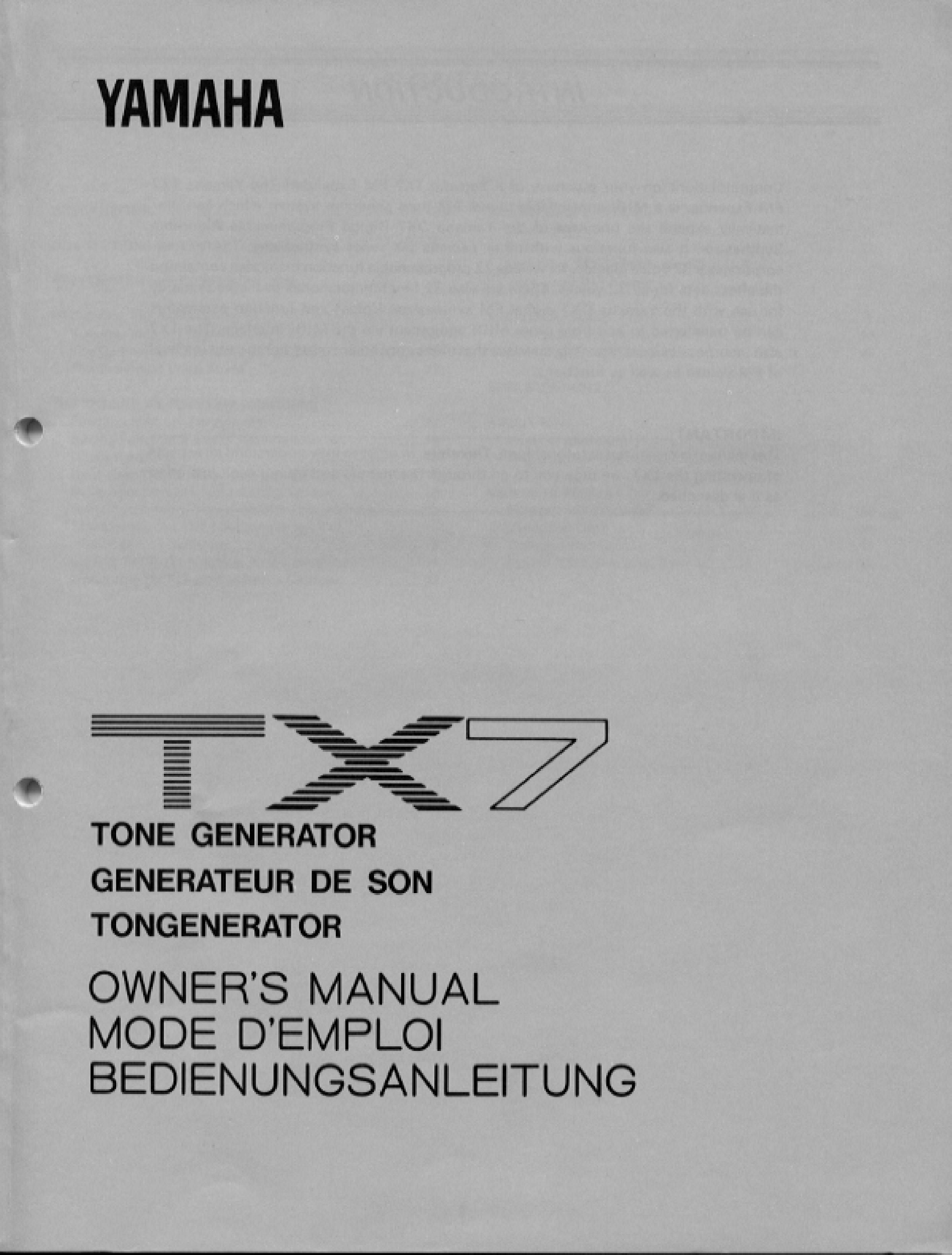 Yamaha TX7 Portable Generator User Manual