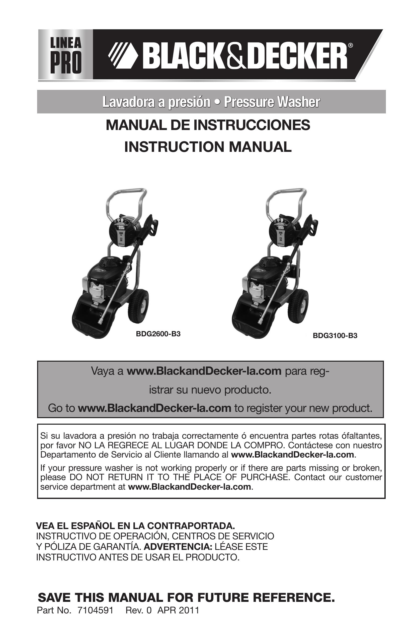 Black & Decker BDG2600-B3 Pressure Washer User Manual
