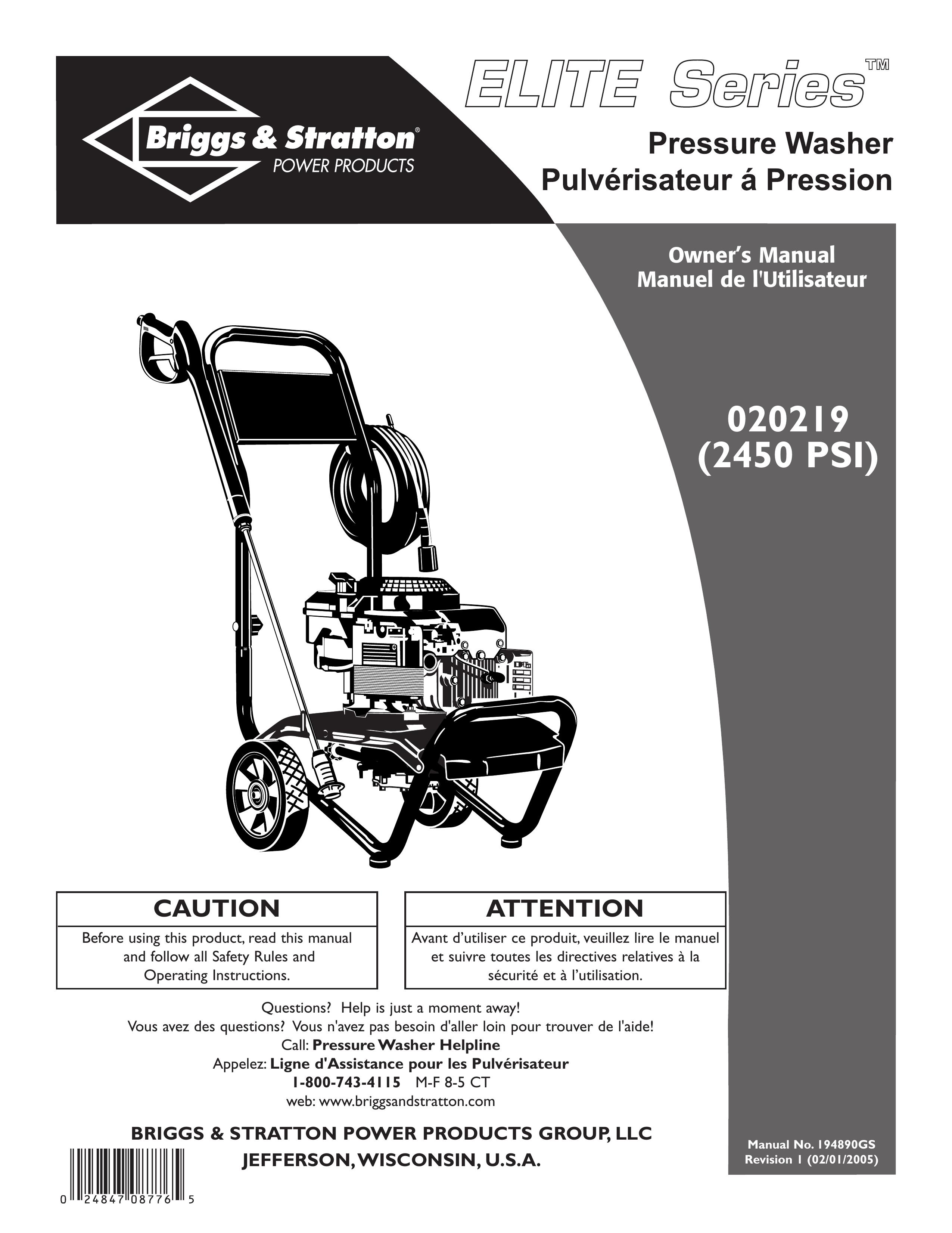 Briggs & Stratton 020219 Pressure Washer User Manual