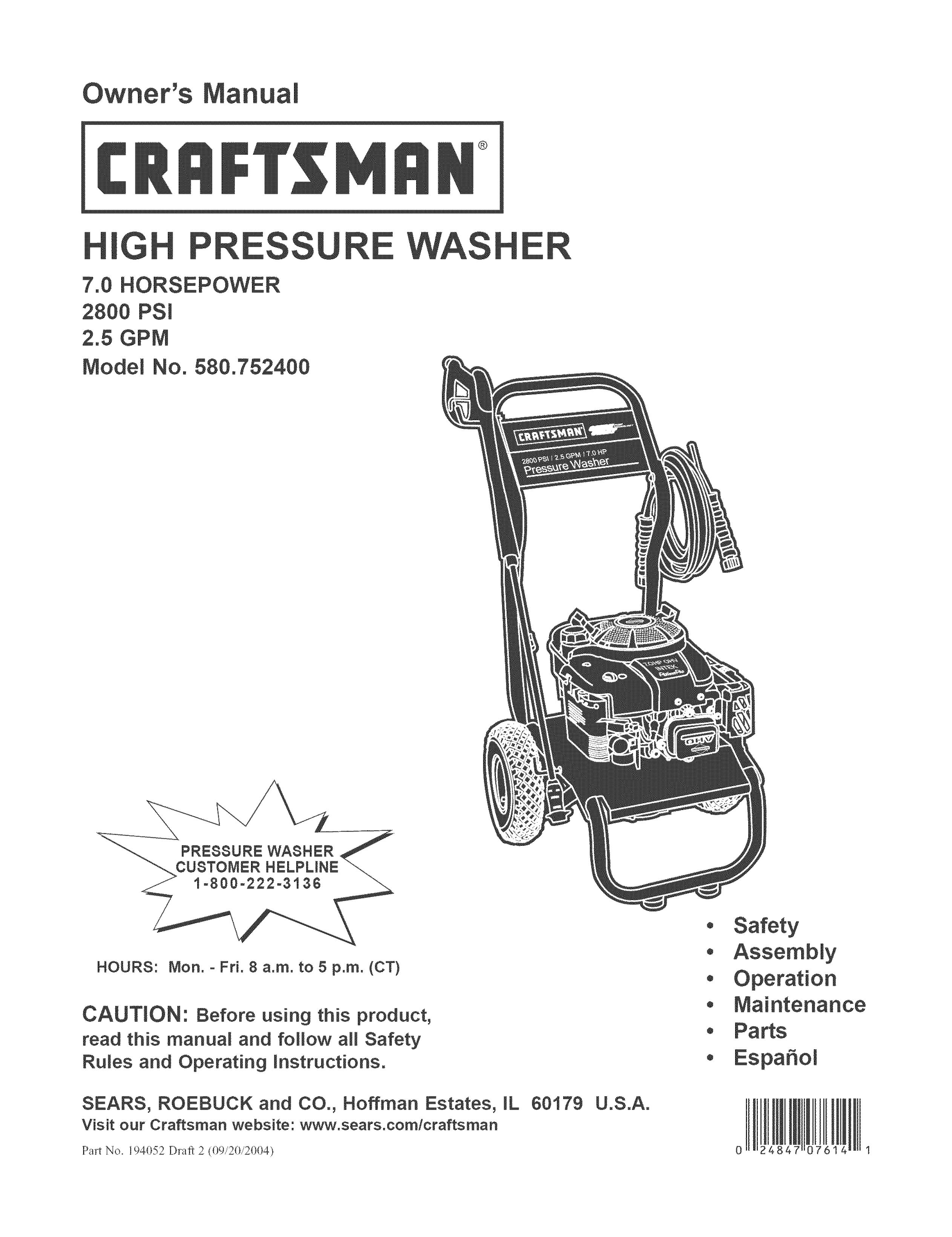 Craftsman 580.7524 Pressure Washer User Manual