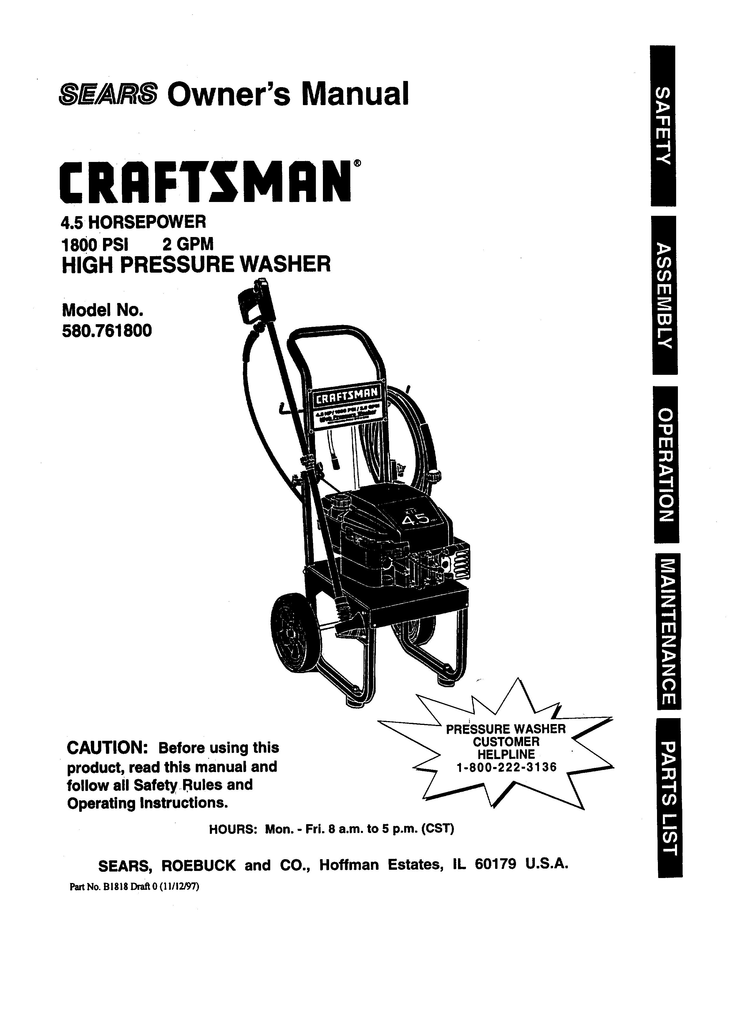 Craftsman 580.7618 Pressure Washer User Manual