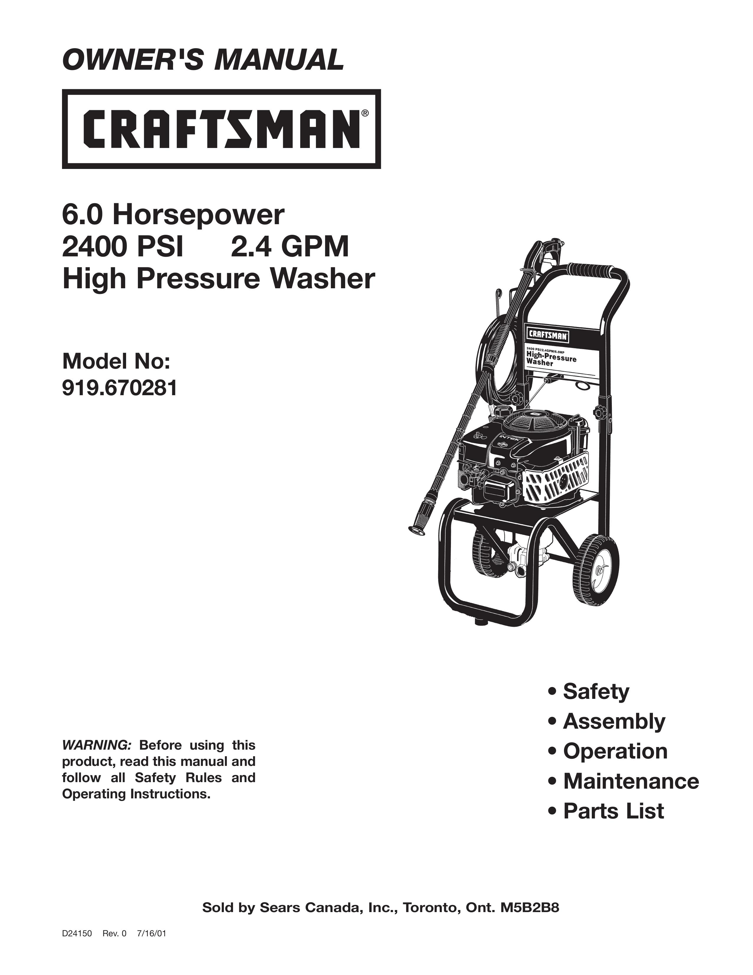 Craftsman 919.670281 Pressure Washer User Manual