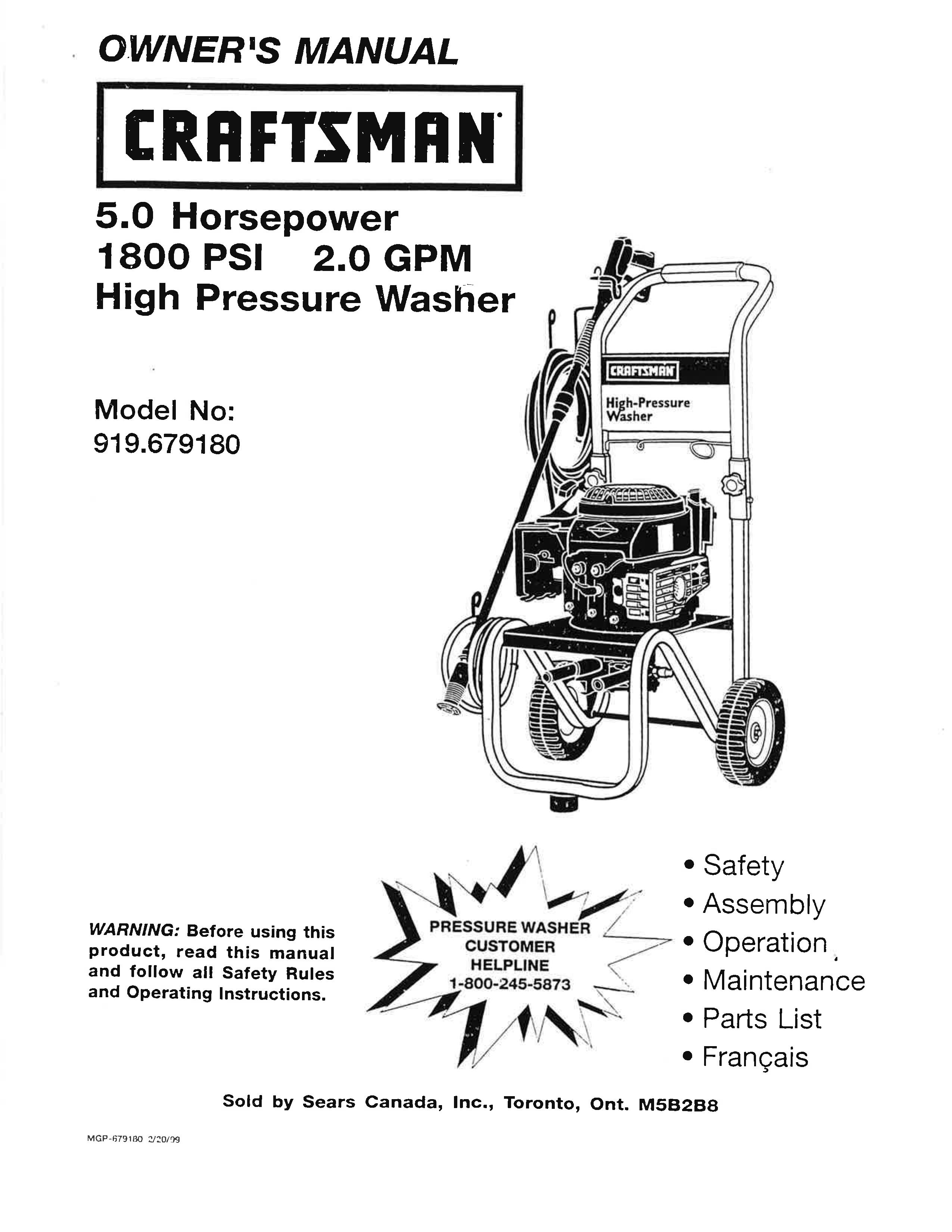 Craftsman 919.679180 Pressure Washer User Manual
