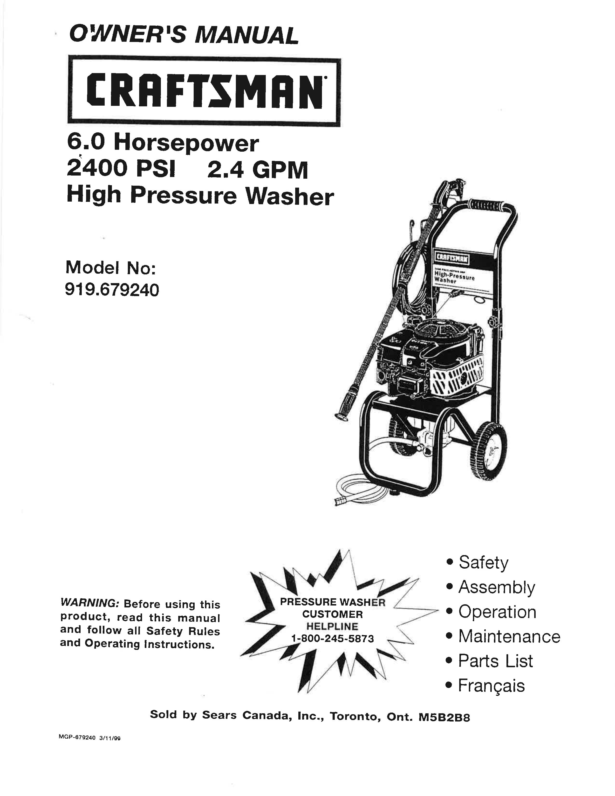 Craftsman 919.679240 Pressure Washer User Manual