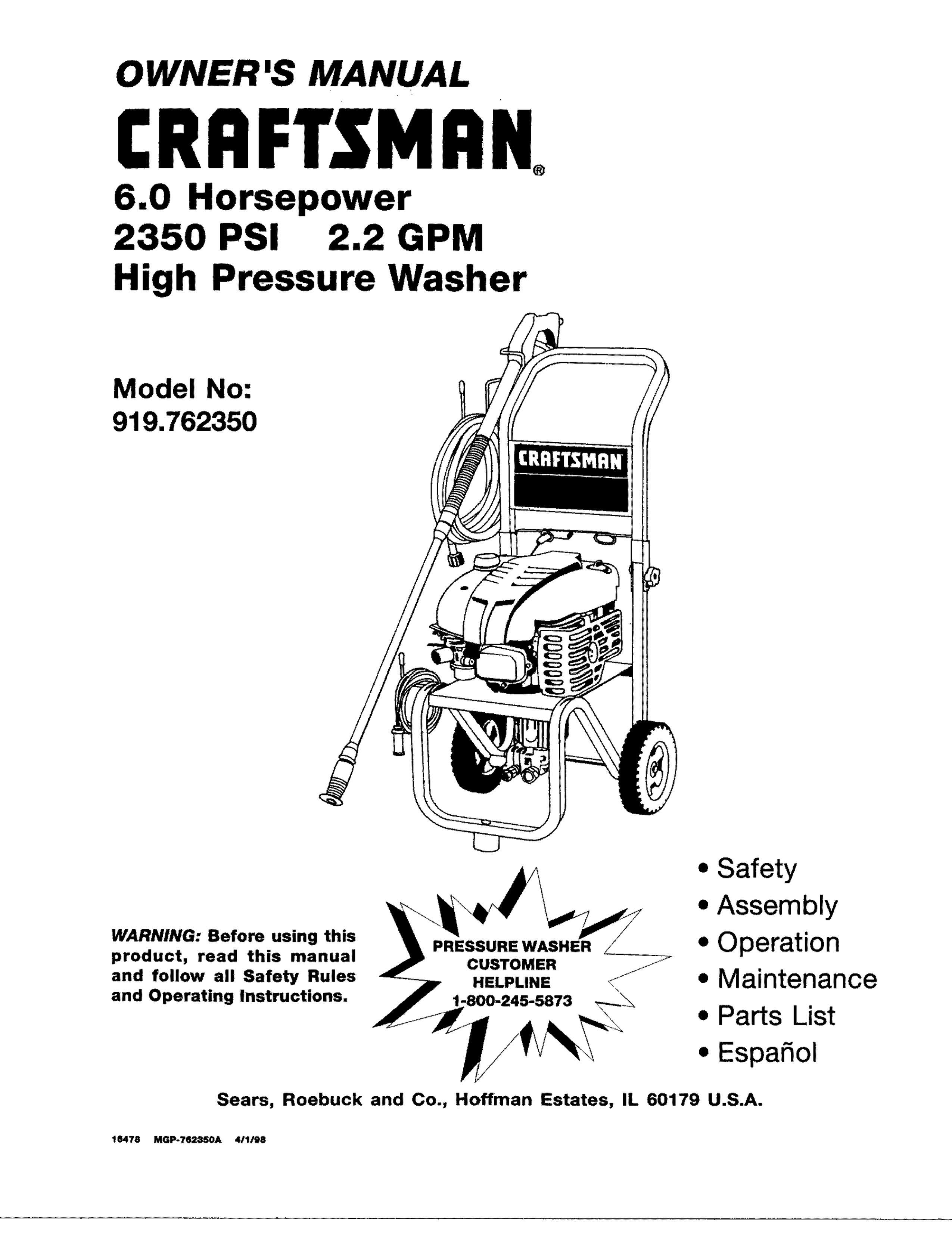 Craftsman 919.76235 Pressure Washer User Manual