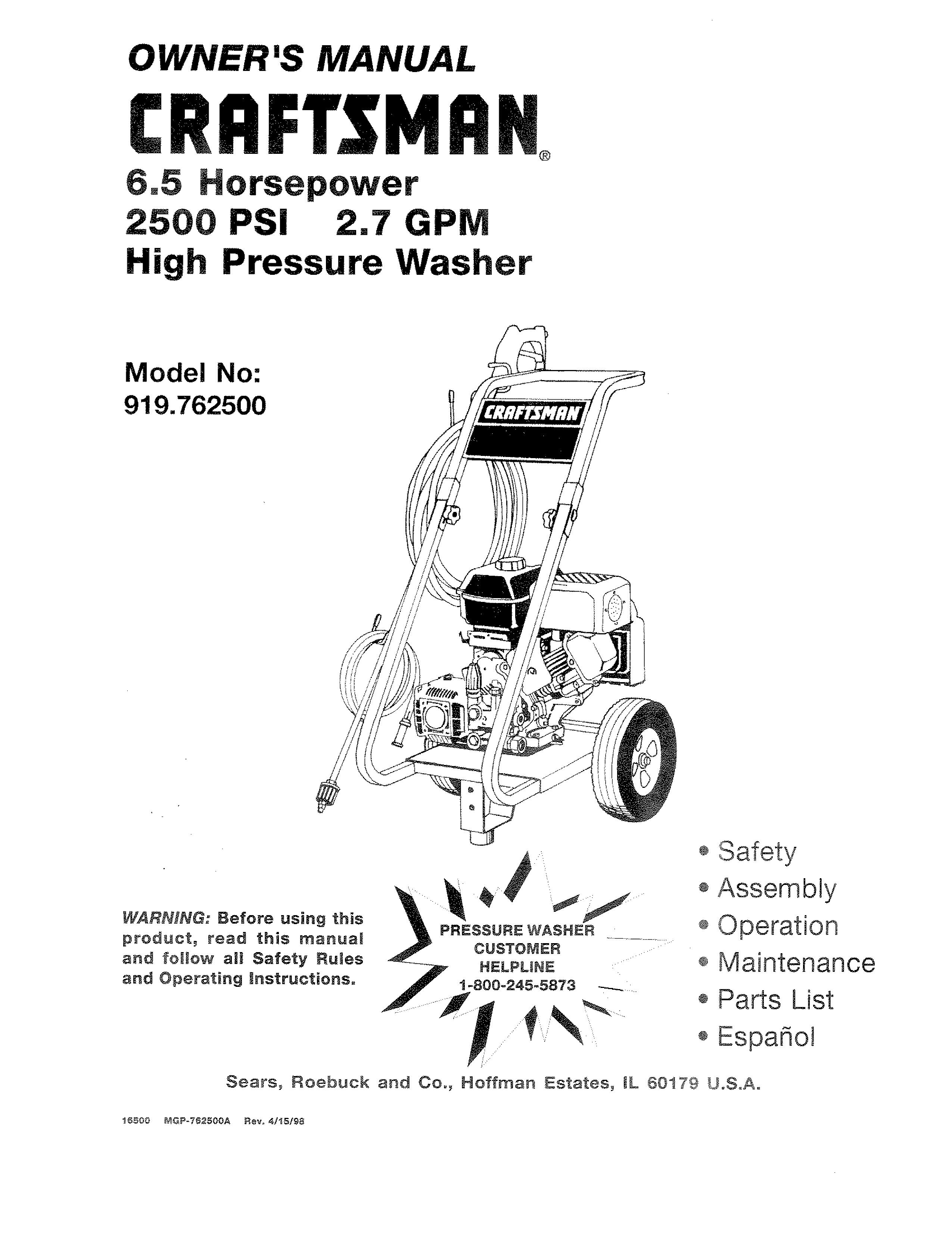 Craftsman 919.762500 Pressure Washer User Manual
