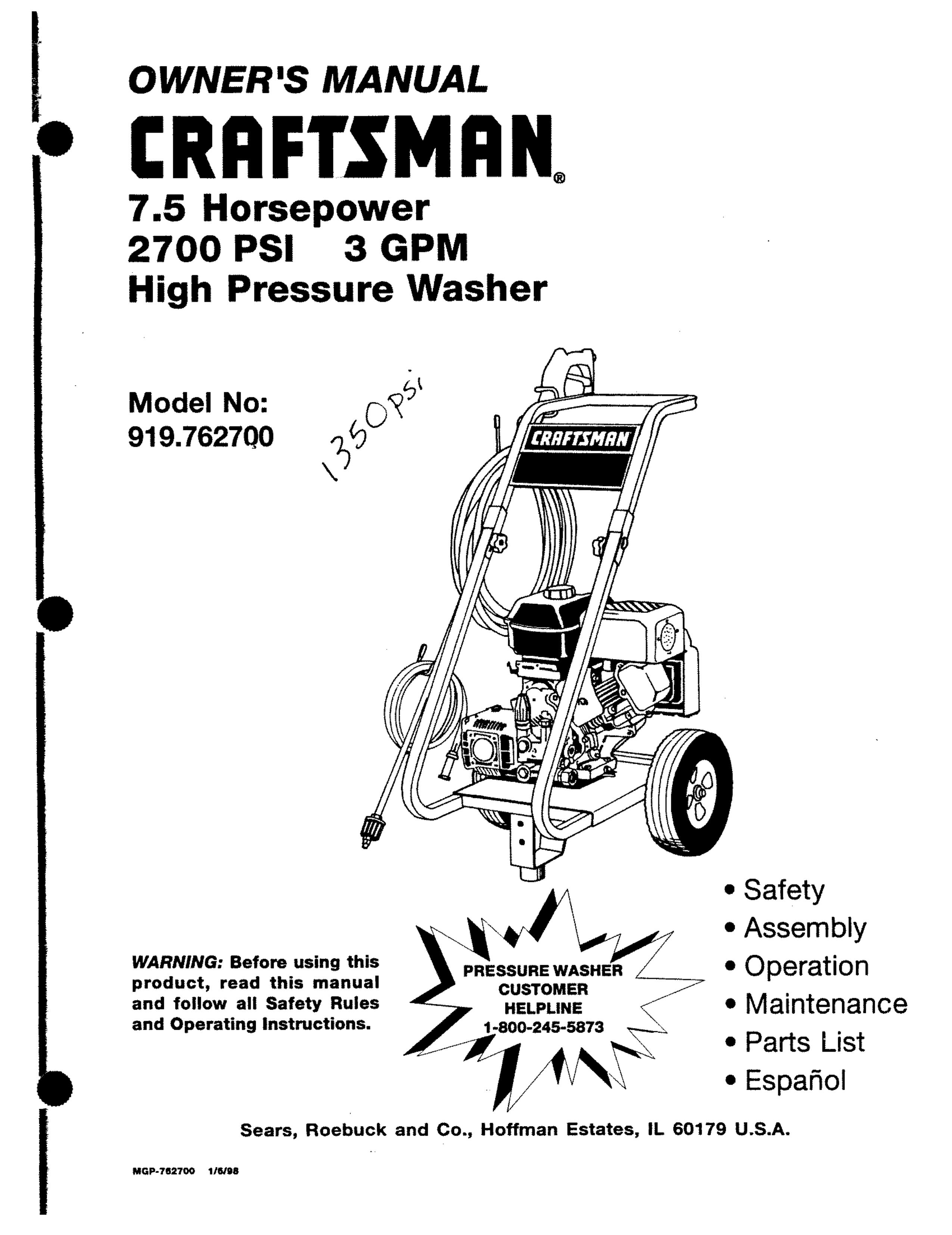 Craftsman 919.7627 Pressure Washer User Manual