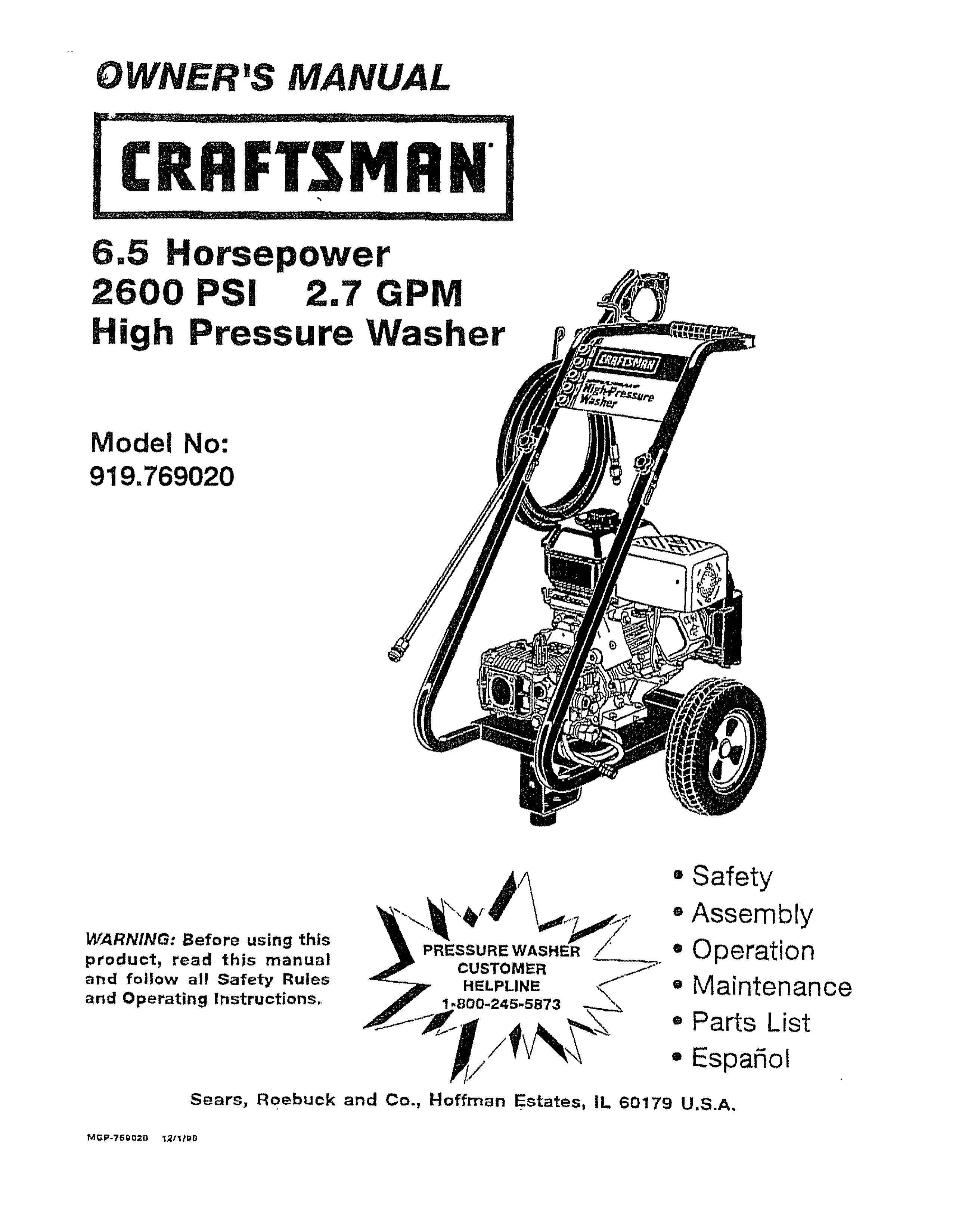 Craftsman 919.76902 Pressure Washer User Manual