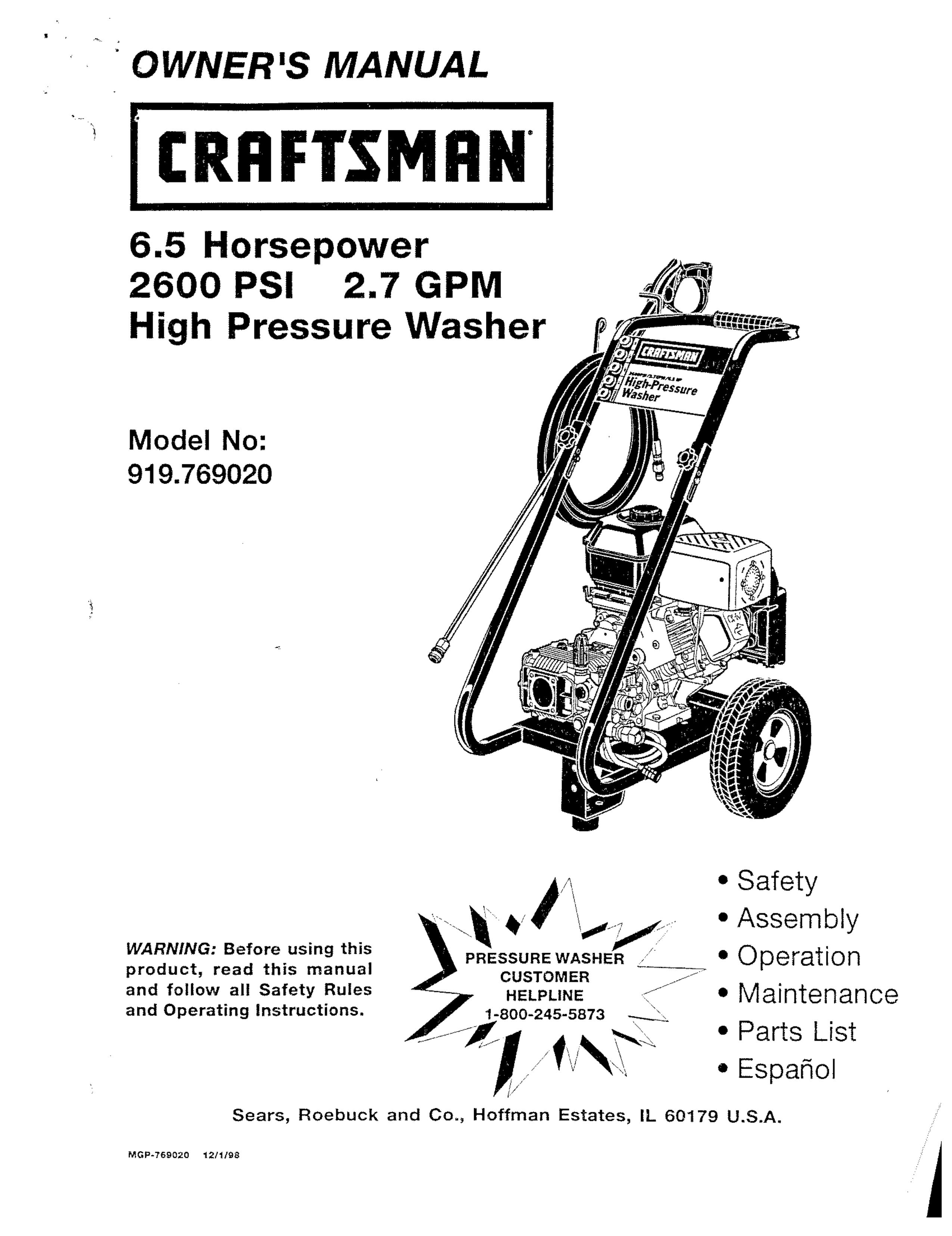 Craftsman 919.769020 Pressure Washer User Manual