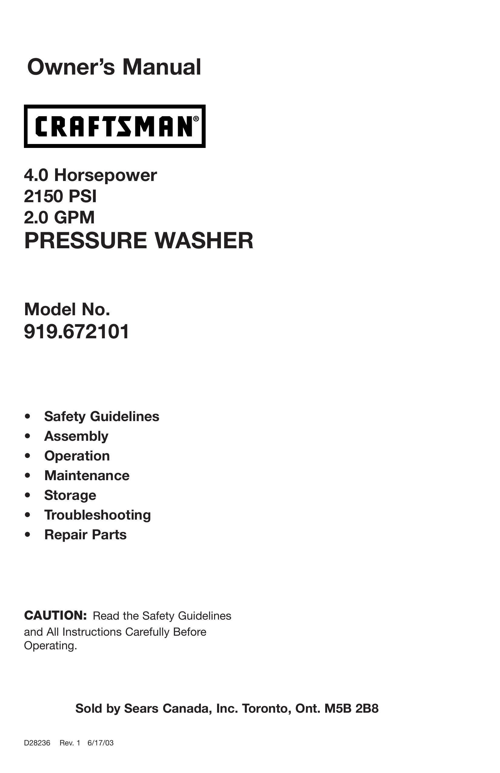 Craftsman 9195672101 Pressure Washer User Manual