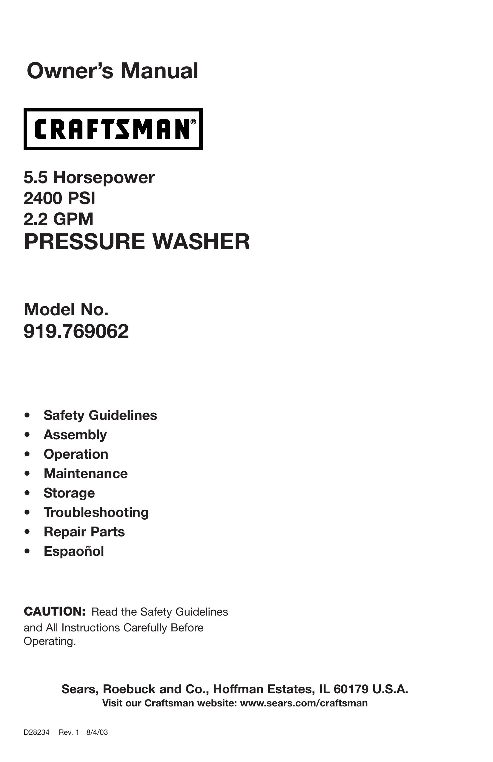 Craftsman D28234 Pressure Washer User Manual