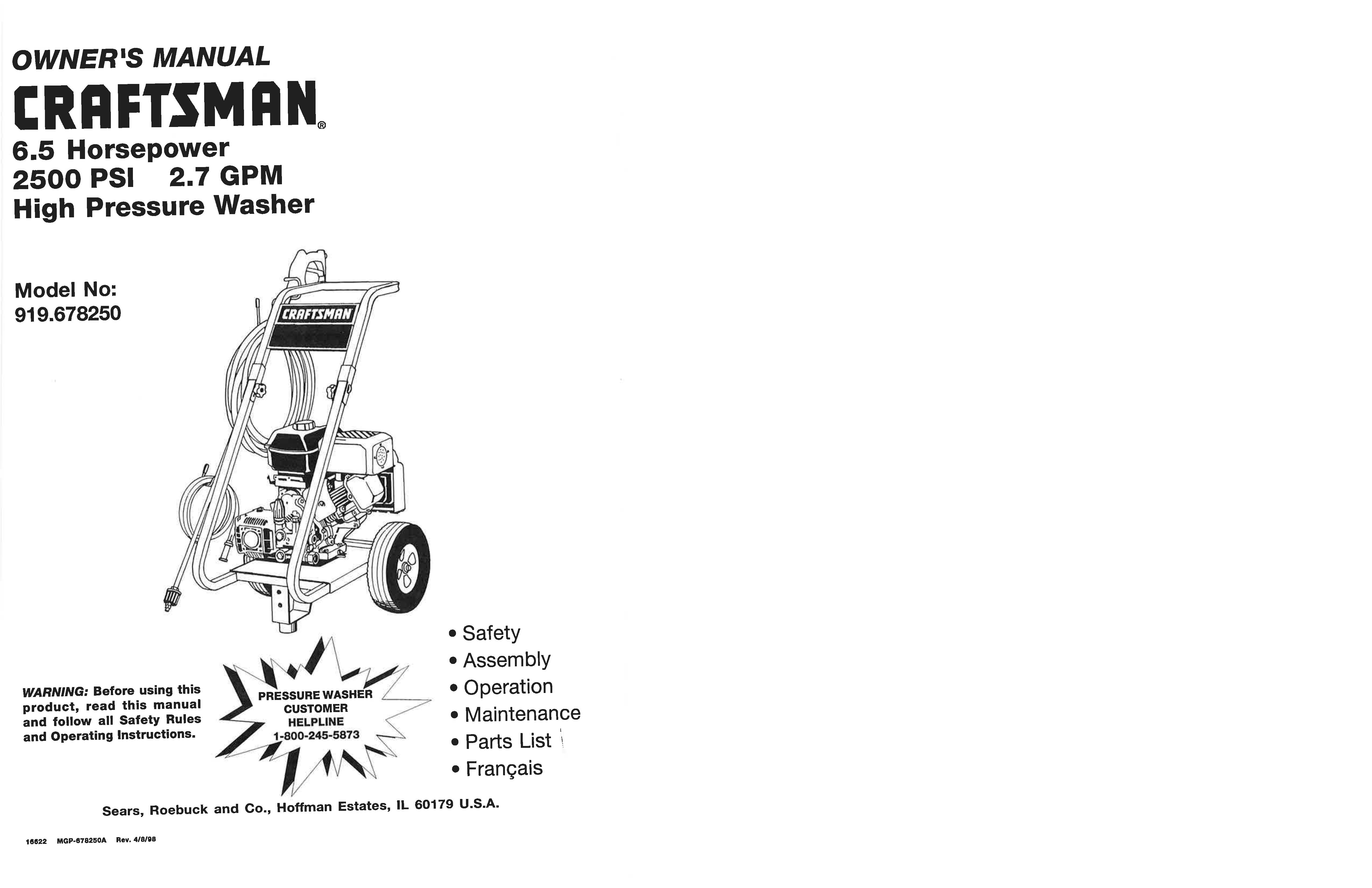 Craftsman MGP-678250A Pressure Washer User Manual