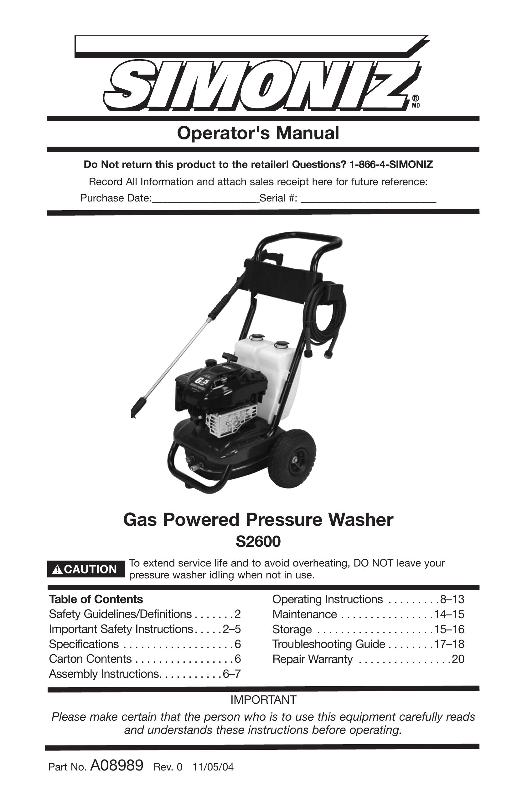 DeVillbiss Air Power Company A08989 Pressure Washer User Manual