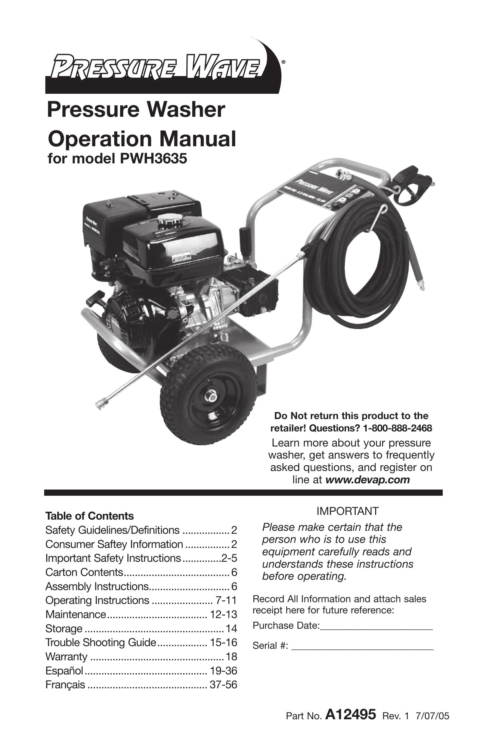 DeVillbiss Air Power Company A12495 Pressure Washer User Manual