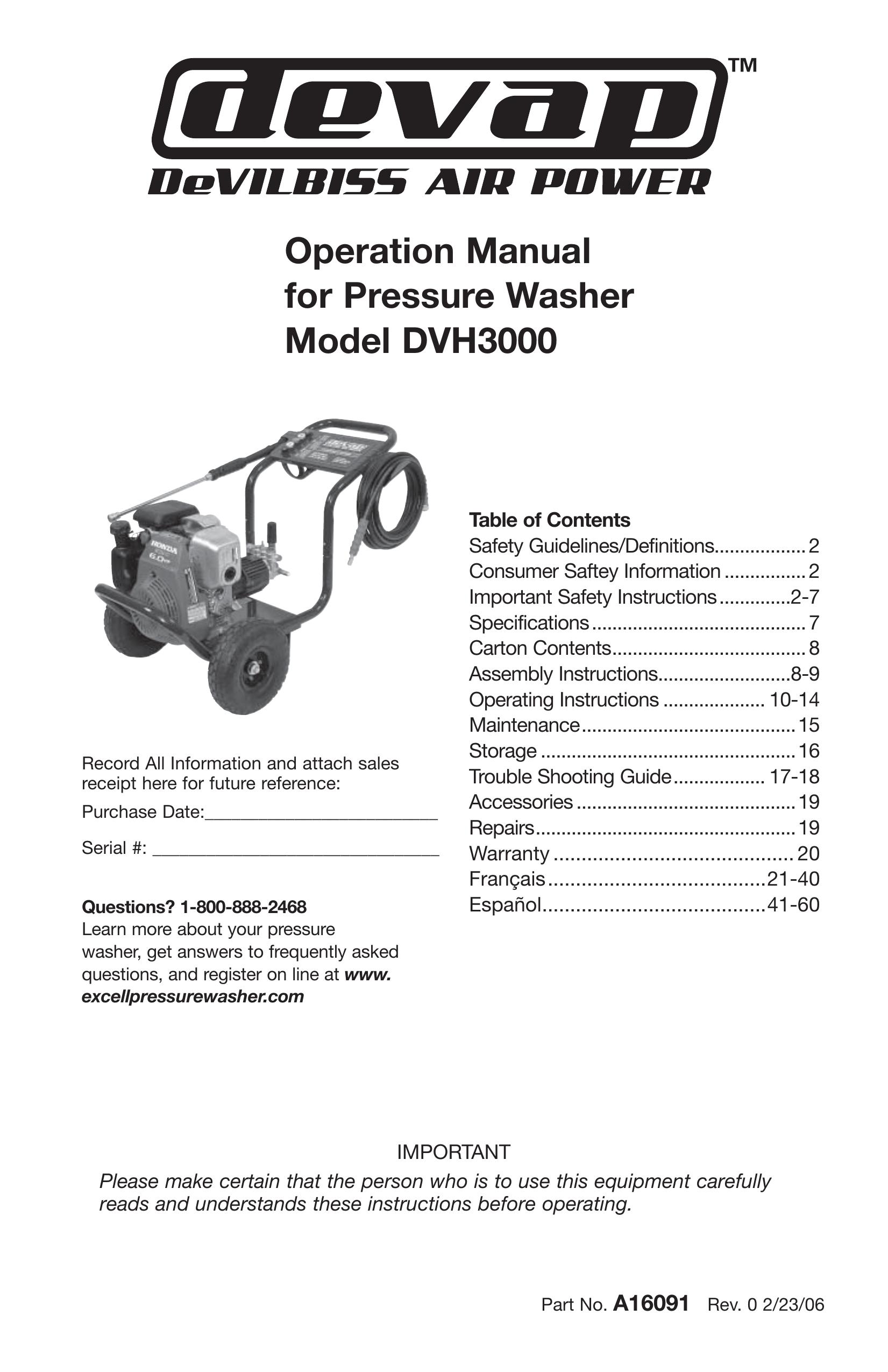 DeVillbiss Air Power Company A16091 Pressure Washer User Manual
