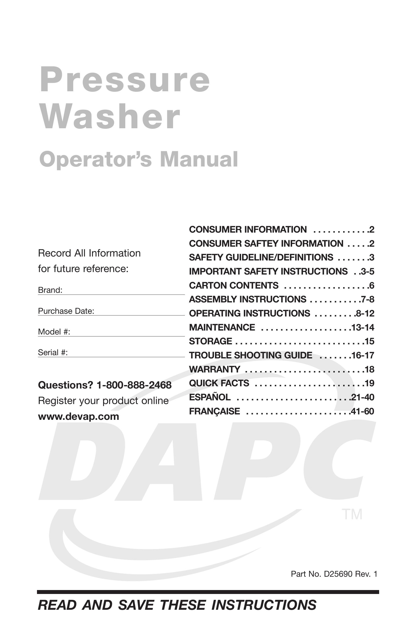 DeVillbiss Air Power Company D25690 Pressure Washer User Manual