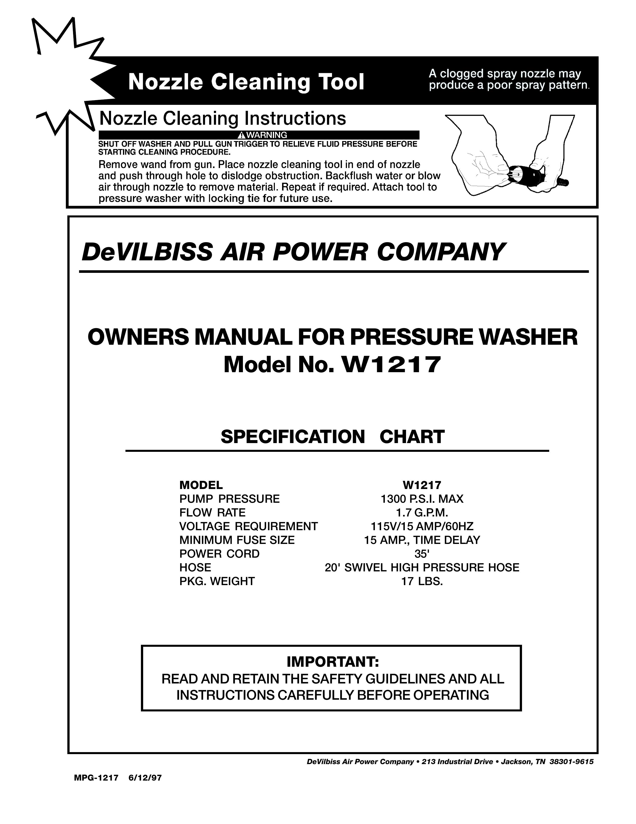 DeVillbiss Air Power Company W1217 Pressure Washer User Manual