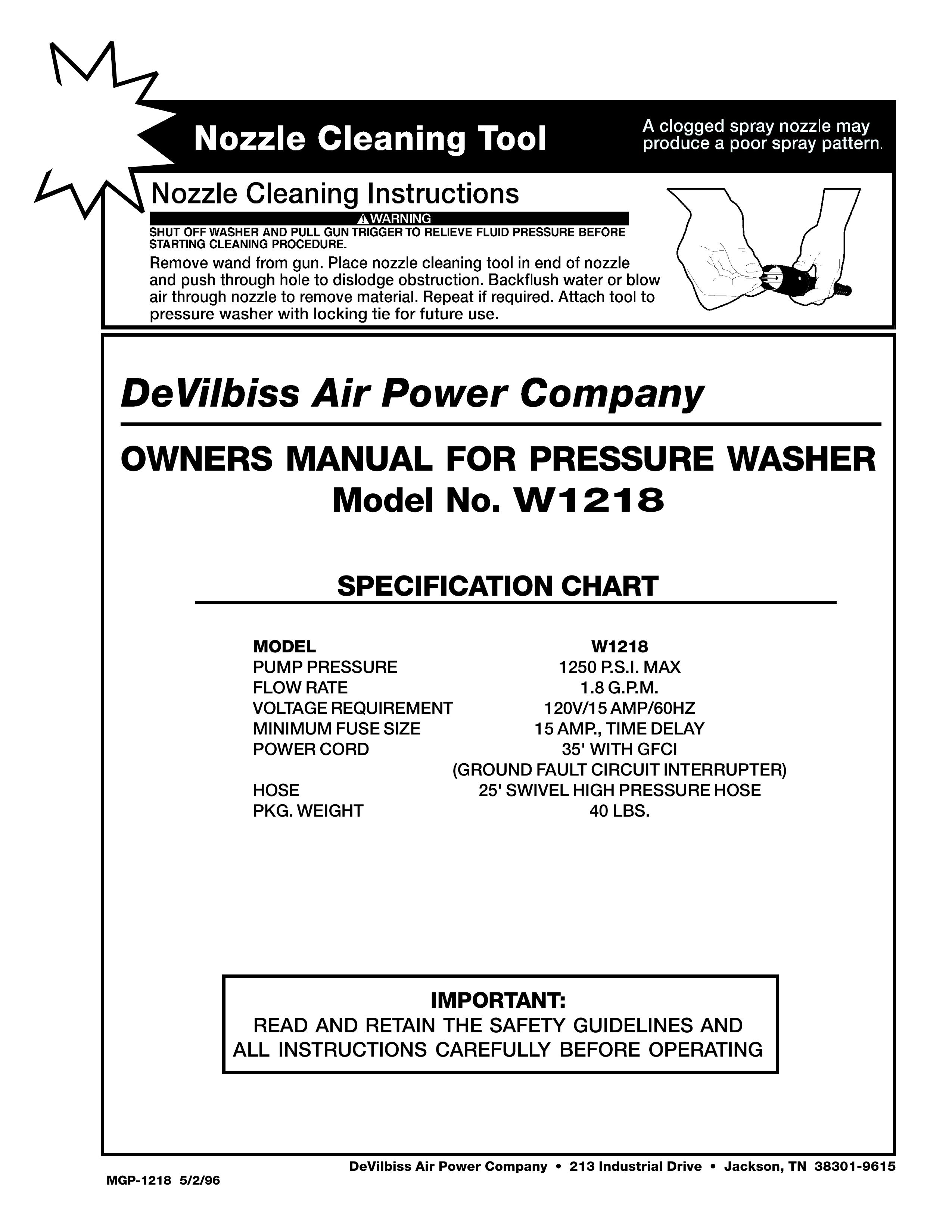 DeVillbiss Air Power Company W1218 Pressure Washer User Manual